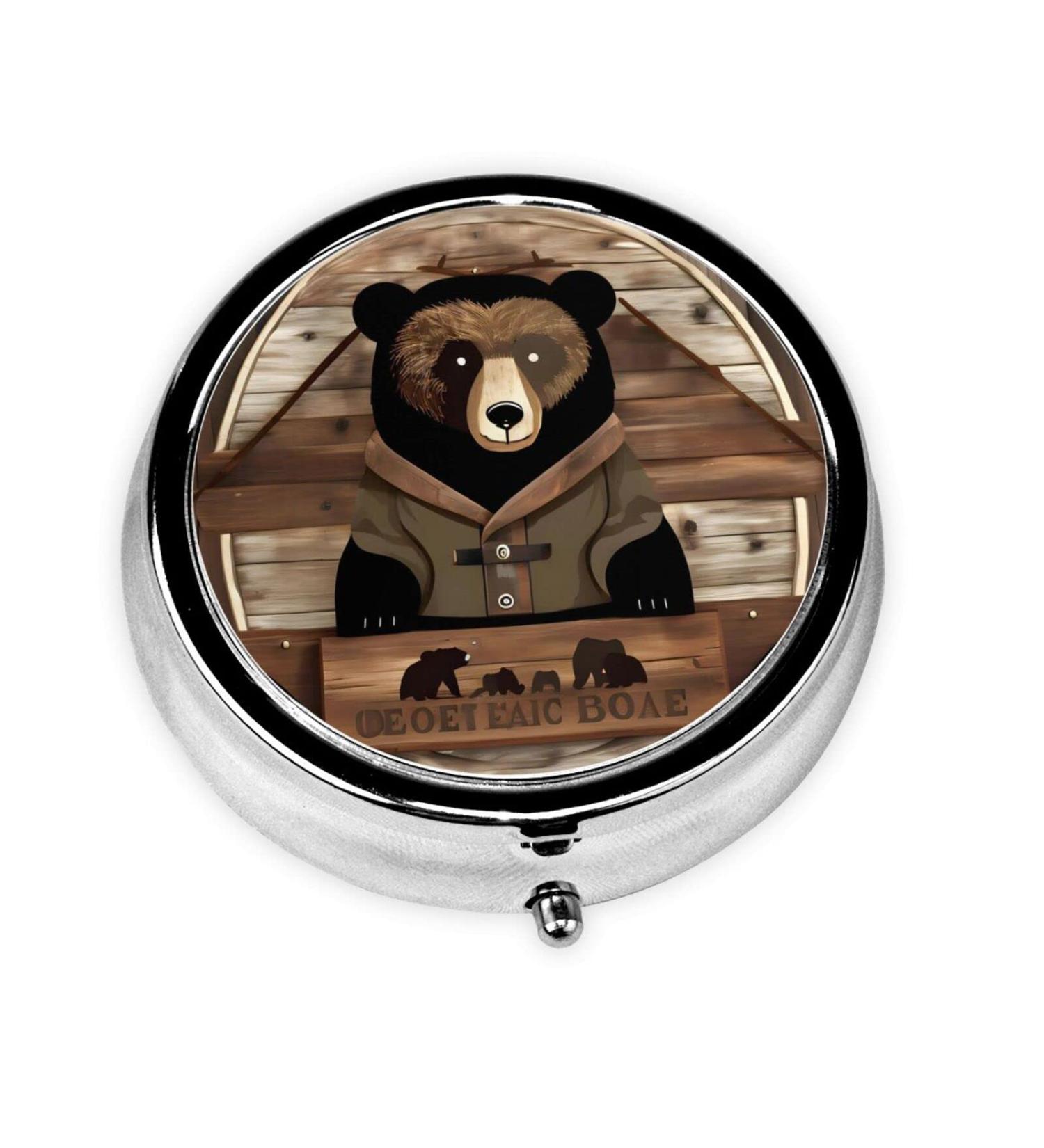 Rustic Lodge Bear Round Pill Box - 3 Compartments Portable Organizer for Travel & Purse - Buy Online on GoSupps.com