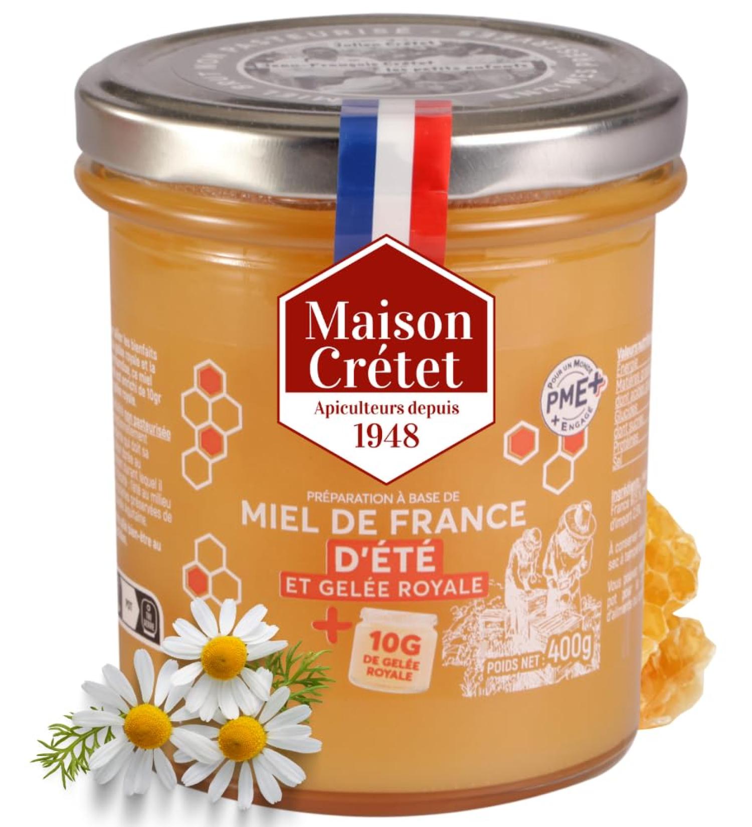 Maison Cr tet | Summer French Honey and Royal Jelly | Unpasteurized Honey Harvested in France in Glass Jar | Preparation in 400G Jar