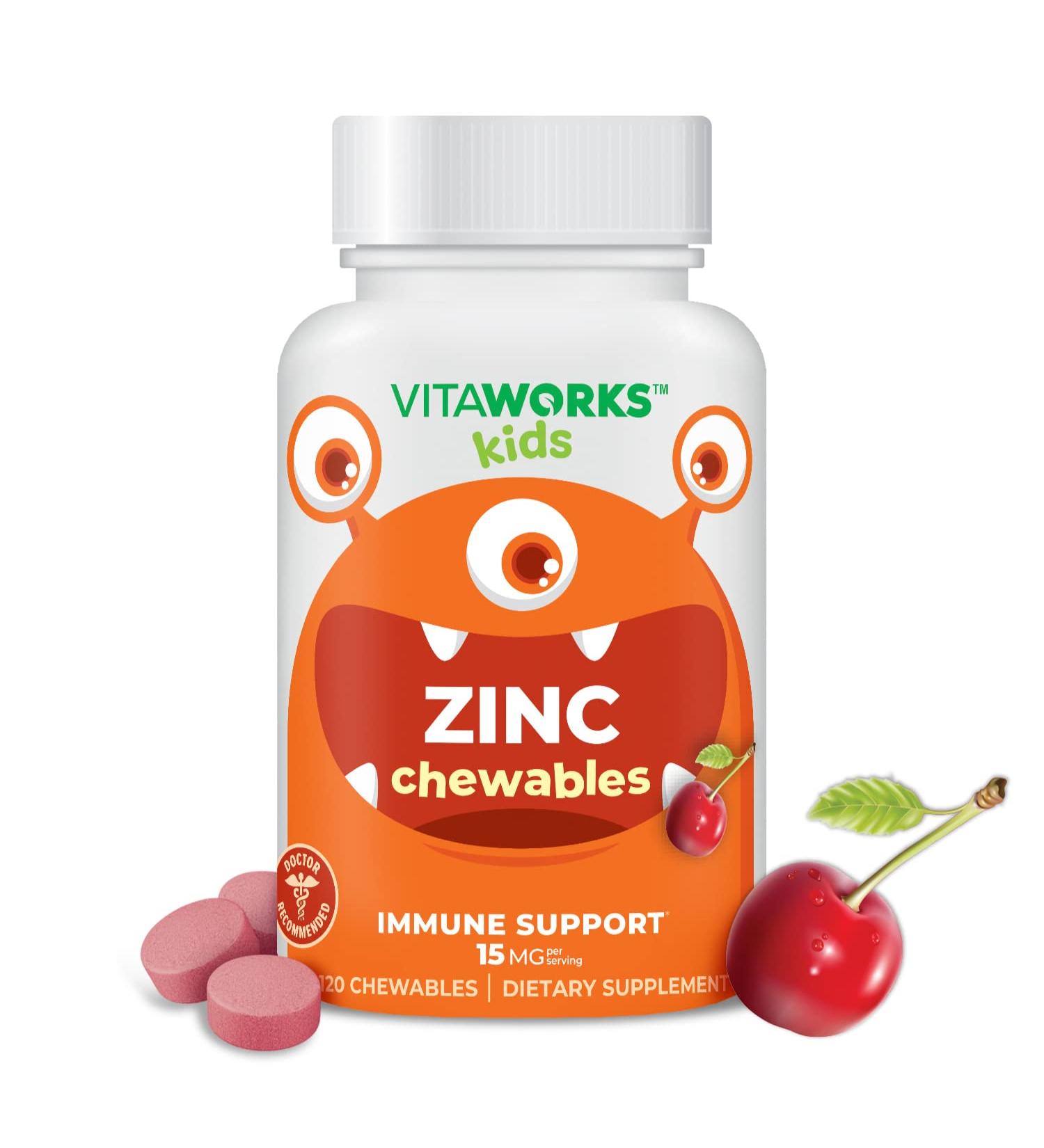 VitaWorks Kids Zinc 15mg Chewable Tablets - Natural Cherry Flavor - 120 Chewables - Immune Support for Children - Buy Online on GoSupps.com