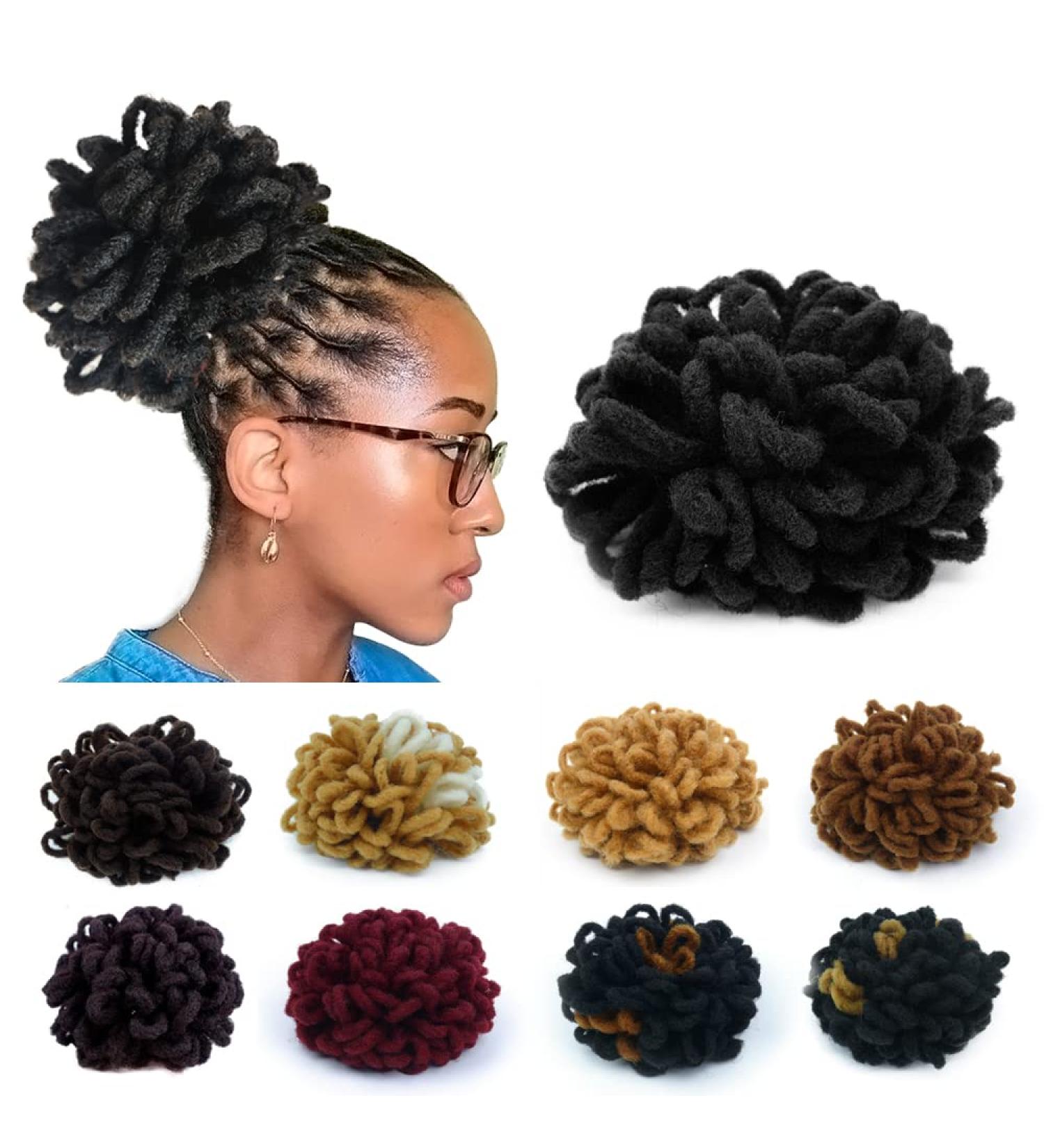 KGBFASS 8 Inch Black Petal Bun Dreadlock Drawstring Ponytail for Black Women - Curly Faux Locs Chignon Scrunchies Hairpiece - Buy Online on GoSupps.com