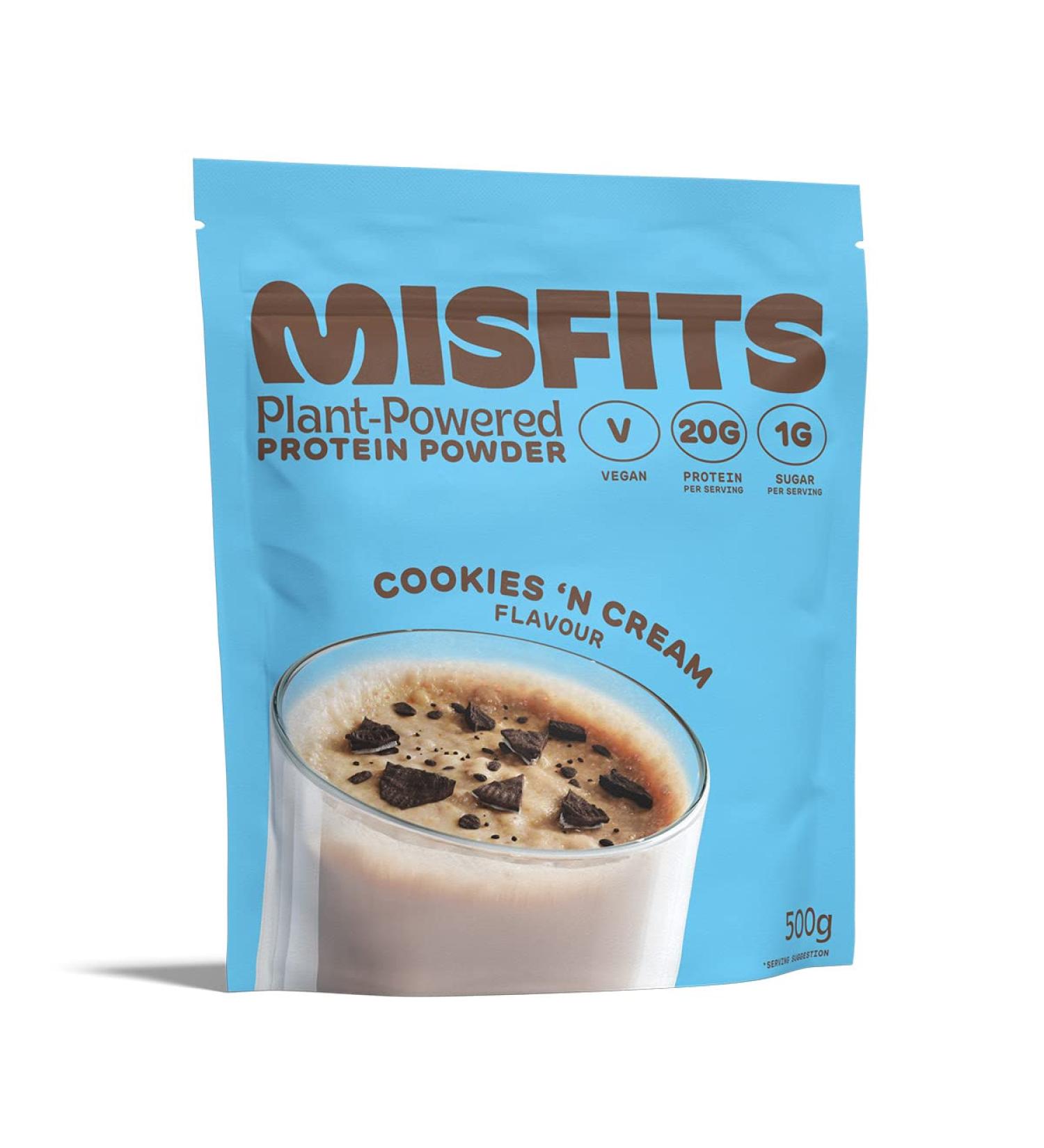 Misfits Cookies & Cream Vegan Protein Powder - 20g Plant Based Protein Shake - Low Calorie, No Added Sugar - Non Dairy, Non GMO - Plastic Free Packaging - 500g - Buy Online on GoSupps.com