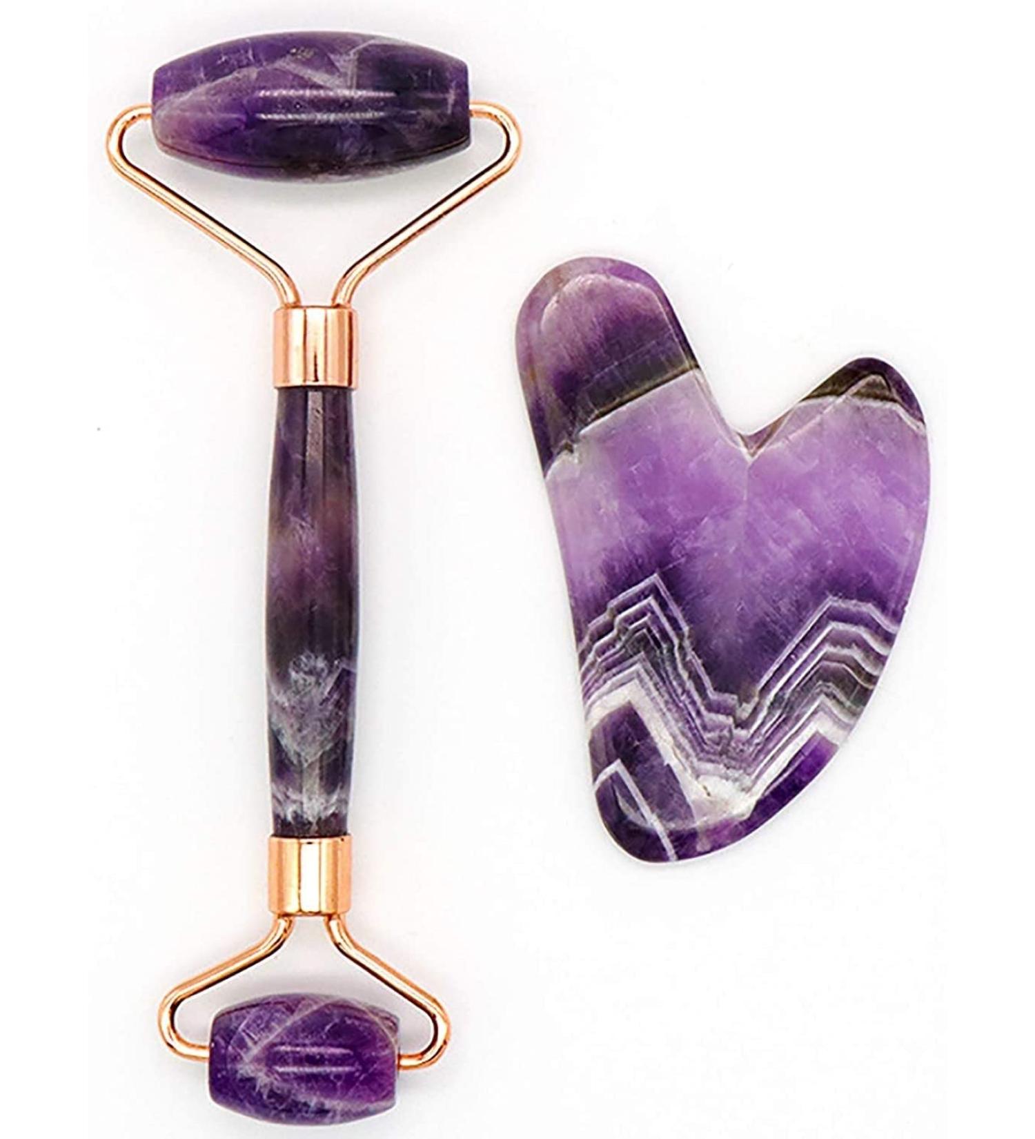 Premium Massage Tools & Jade Roller Set | Amethyst Derma Roller & Gua Sha for Skin Health | Shop Internationally - Buy Online on GoSupps.com