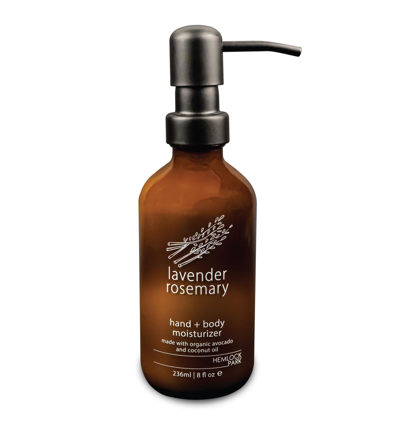 Hemlock Park Lavender Rosemary Natural Hand & Body Lotion | Nourishing Moisturizer with Organic Coconut Oil Avocado Oil Almond Oil & Plant-Based Essential Oils | 8 oz Glass Bottle
