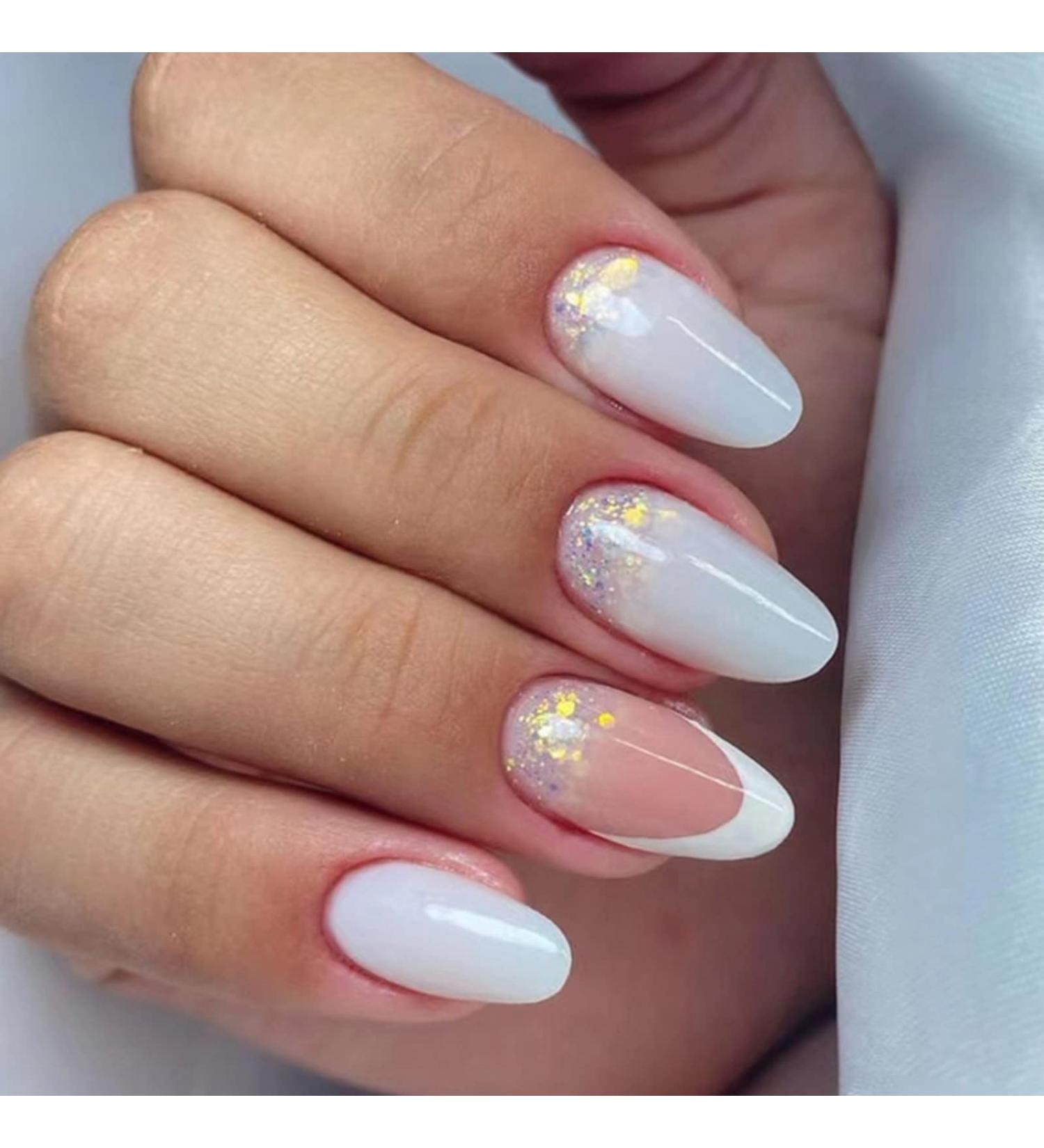 24 Pcs Glitter Oval Short False Nails Milky White French Press on Nails with Nail Glue - Almond Stick on Nails for Women - Buy Online on GoSupps.com