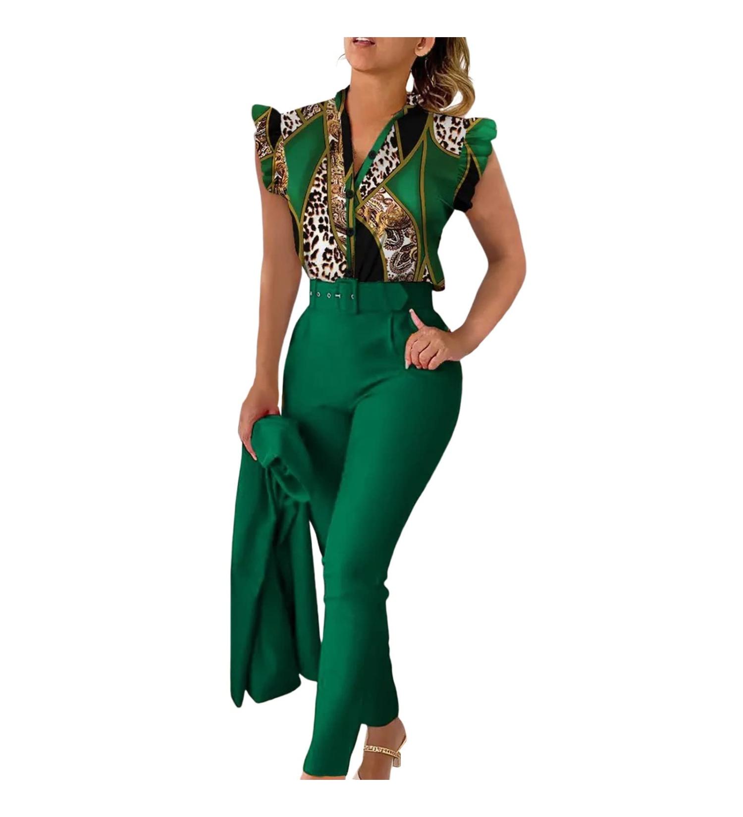Womens 2 Piece Casual Outfits Stretch Button Down Blazers Jacket and Slim Fit Trouser Pants Suits Sets 2856-sasnx-7-green L - Buy Online on GoSupps.com