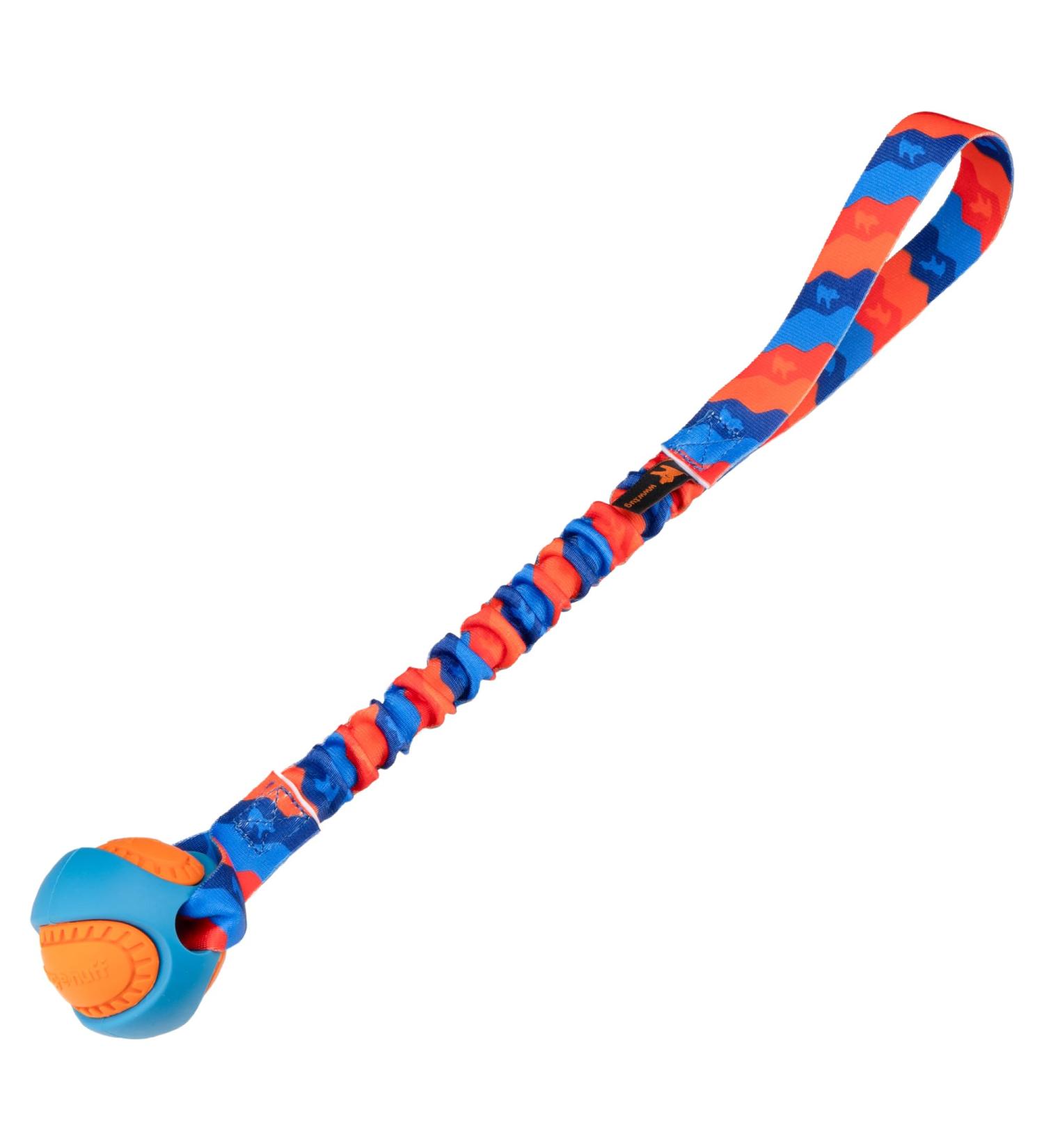 Tug-E-Nuff - PowerBall Bungee Tug | Shock Absorbing Bungee Handle | Durable Ball Toy for Dogs | Ideal for Interactive Dog Training and Dogs of all Ages | 43cm (17inches) in size Orange Pattern