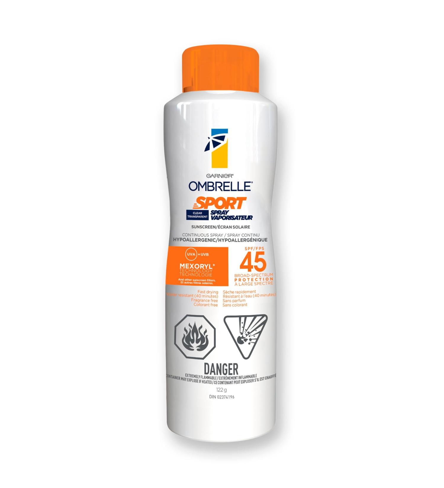 Garnier Ombrelle Sport Sunscreen Spray SPF 45 High Protection Hypoallergenic Non-comedogenic Long-Lasting Protection Sweat & Water Resistant Non-Greasy Quick-Drying 122g SPF 45 Spray 122 g (Pack of 1) - Buy Online on GoSupps.com