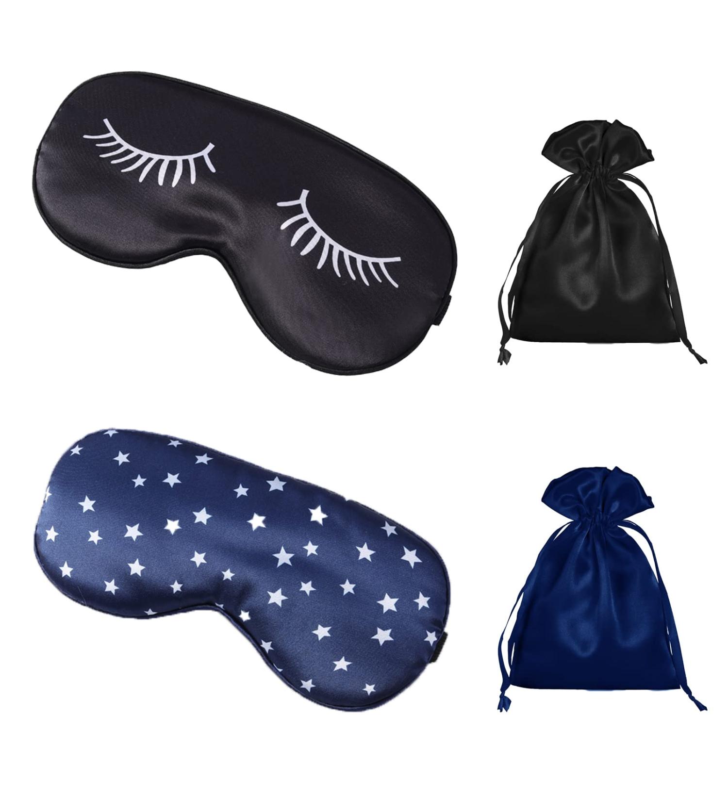Silk Eyelash Style Sleep Mask Set for Women - 2 Black Satin & 2 Dark Blue Soft Masks with Adjustable Strap and Silk Bag - Buy Online on GoSupps.com