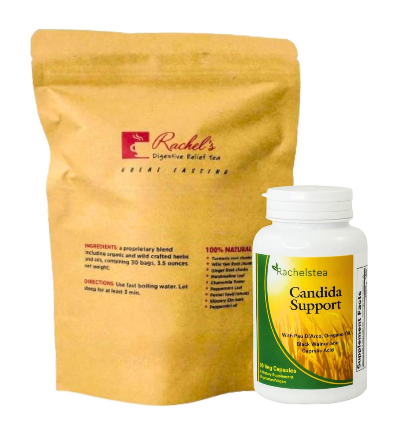 Rachel's Tea and Candida Support: 30 Day Supply Turmeric Wild Yam Ginger Peppermint Fennel Slippery Elm + Candida Support Capsules - Buy Online on GoSupps.com