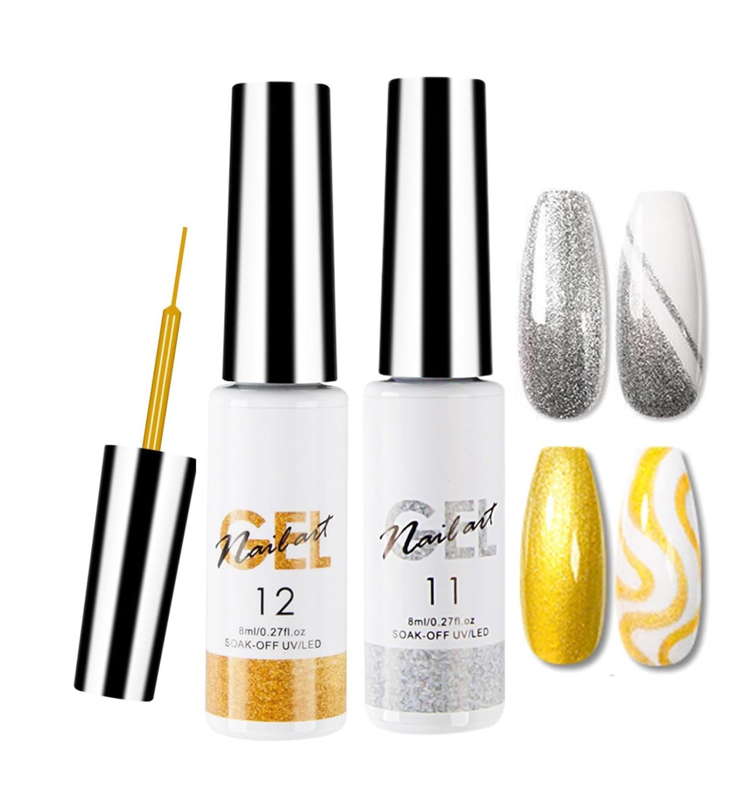 Glitter Gold & Silver Gel Nail Art Set | 2Pcs Soak-off Gel Polish with Thin Brush | DIY Nail Decoration Pen for Home Manicure - Buy Online on GoSupps.com