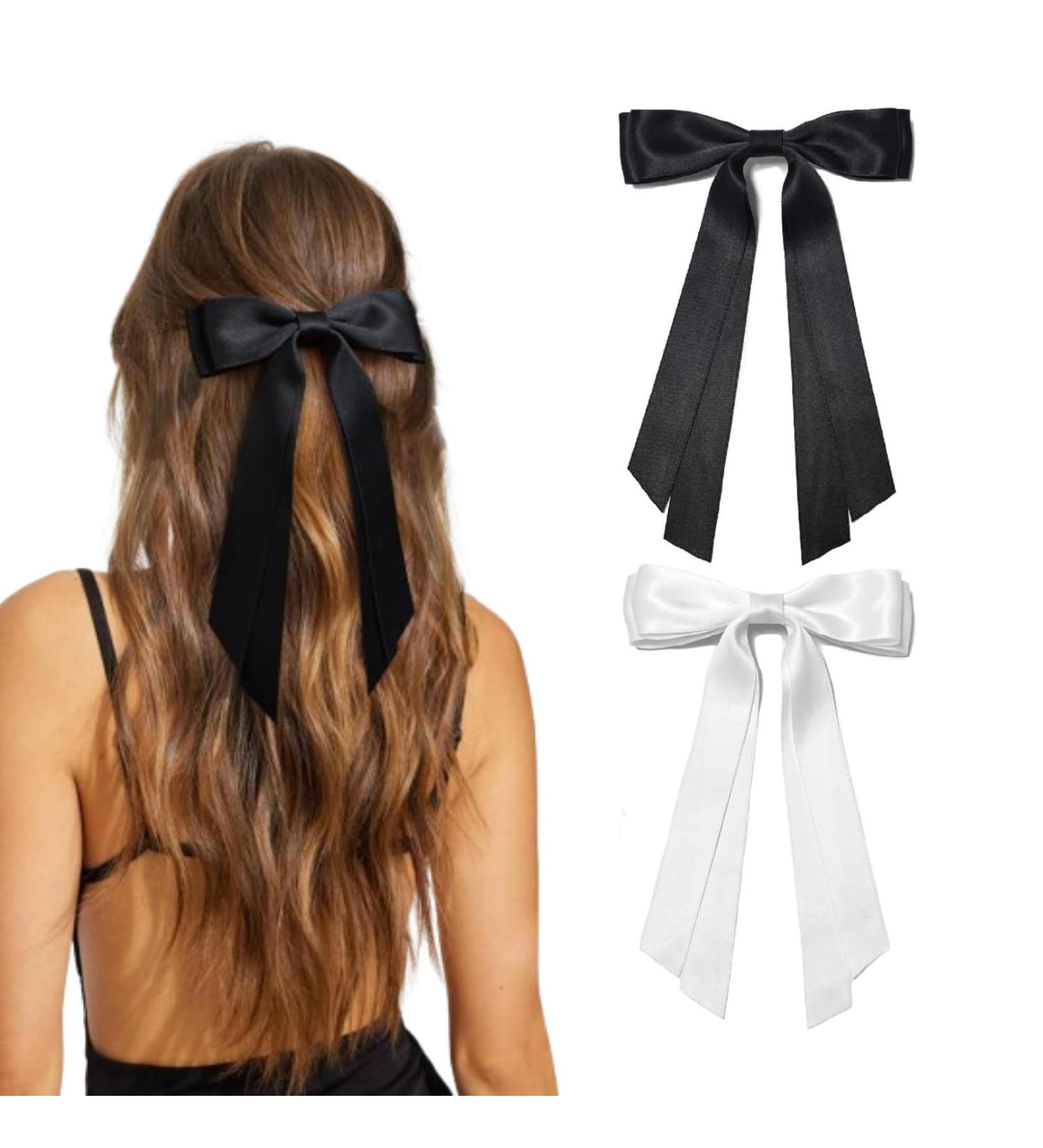 2 PCS Bow Hair Clips Hair Bows for Women Girls - Big Bowknot Hairpin French Hair Clips with Silky Satin Ribbon Solid Color Hair Barrettes (Black+White) - Buy Online on GoSupps.com