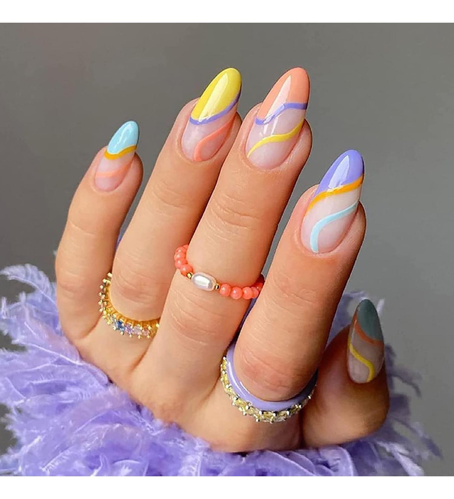 Multicolour Swirl Almond Fake Short French False Press on Nails with Glue - Colorful Wavy Nail Art for Women - Buy Online on GoSupps.com