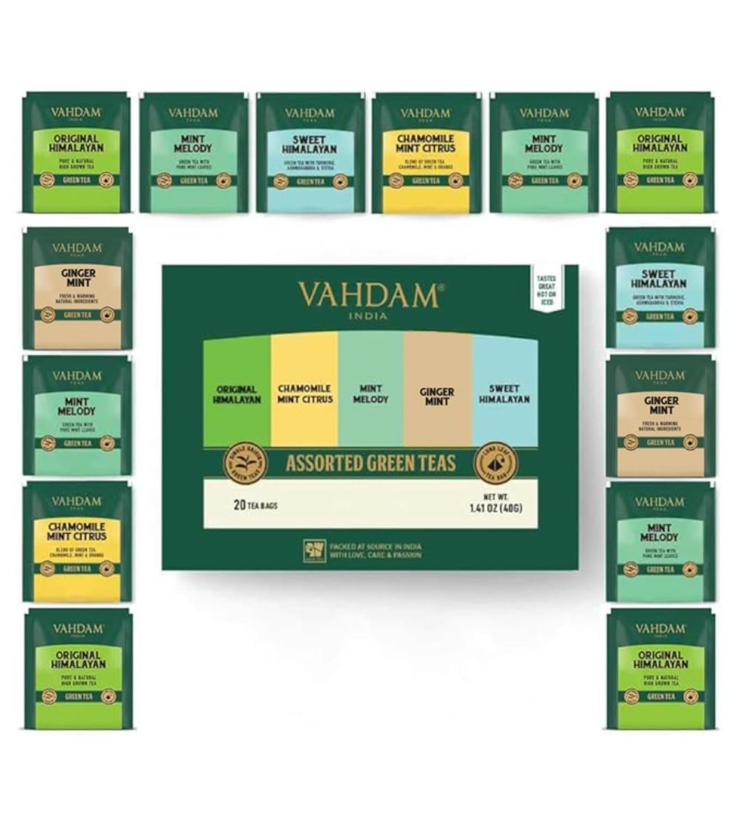 Vahdam Green Tea Trial Set - 5 Flavors 20 Tea Bags | Long Leaf Pyramid Variety Pack | Perfect Gift for Tea Lovers - Buy Online on GoSupps.com
