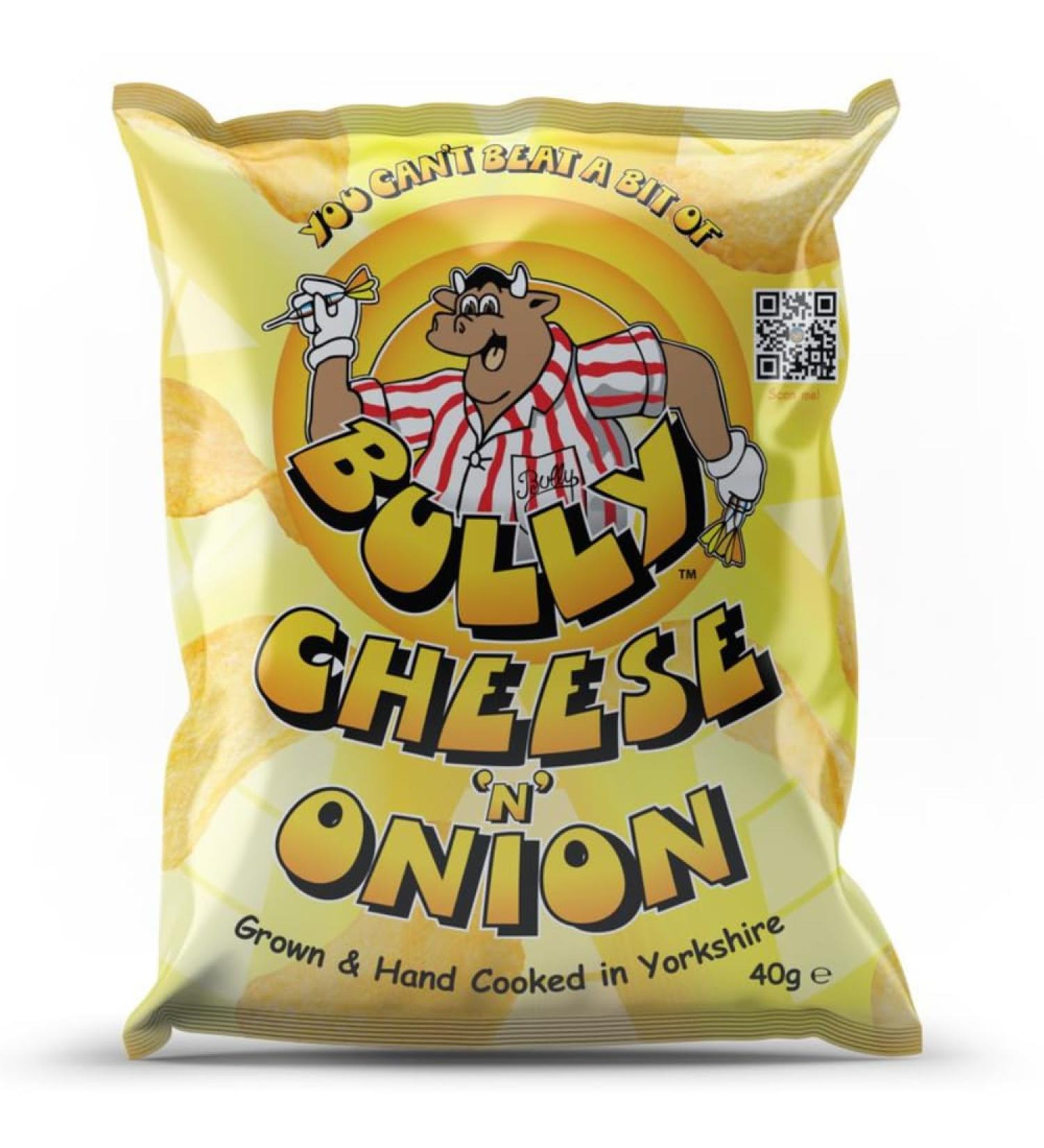 Bully Crisps - Cheese 'N' Onion Flavour - Full Case 24x40g - Grown & Hand Cooked in Yorkshire