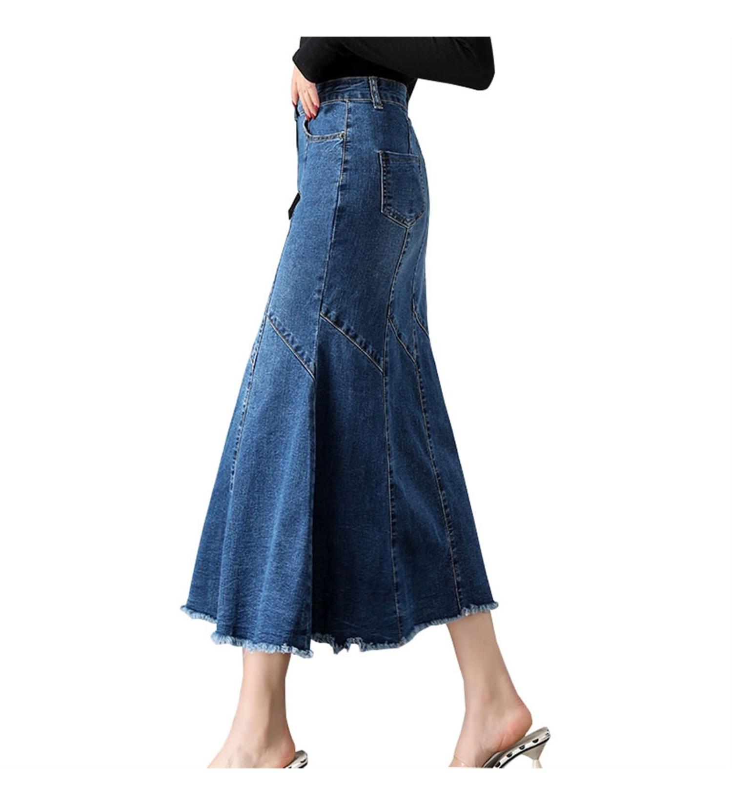 Blue Frayed Hem Patchworked Mermaid Denim Skirt - Spring Irregular Bodycon Long Skirt Size 28 (S) - Buy Online on GoSupps.com