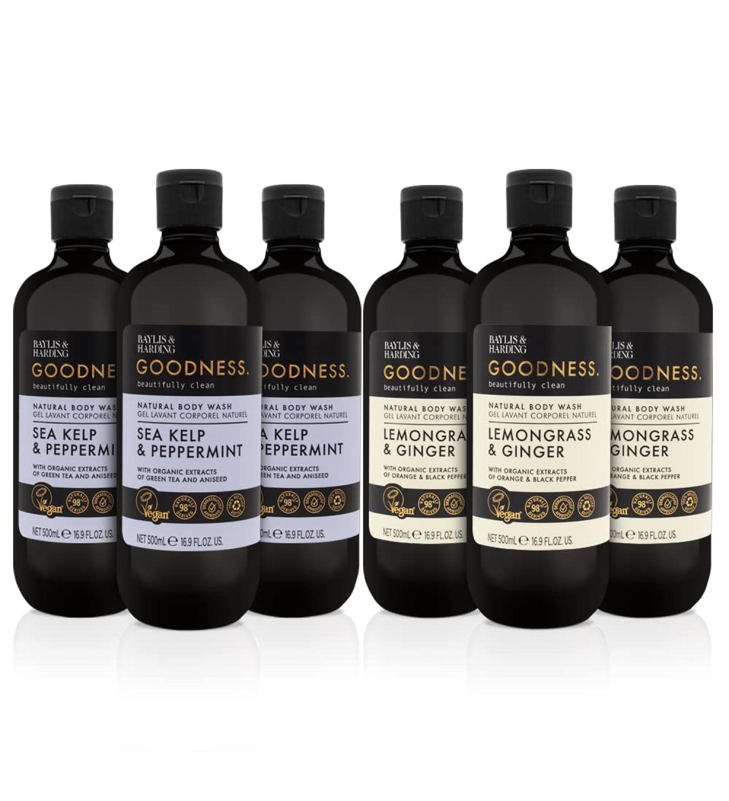 Baylis & Harding Goodness Body Wash Bundle 6x500ml - Sea Kelp & Peppermint, Lemongrass & Ginger | Vegan Friendly - Buy Online on GoSupps.com