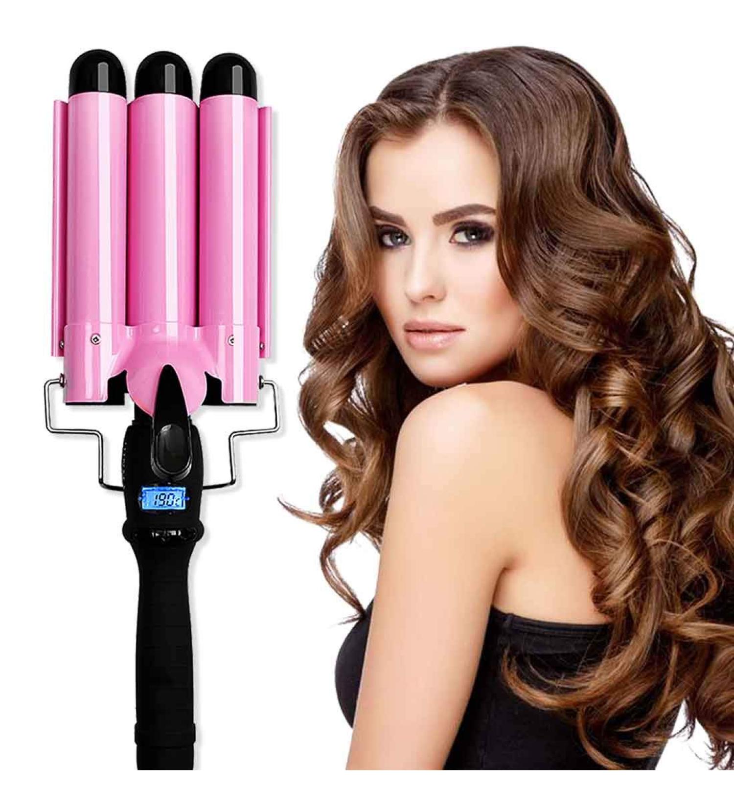 Professional 3 Barrel Curling Iron Hair Waver - 1 Inch Ceramic Curler with LCD Display (Pink) | Perfect for Gorgeous Waves | International Shipping Available - Buy Online on GoSupps.com