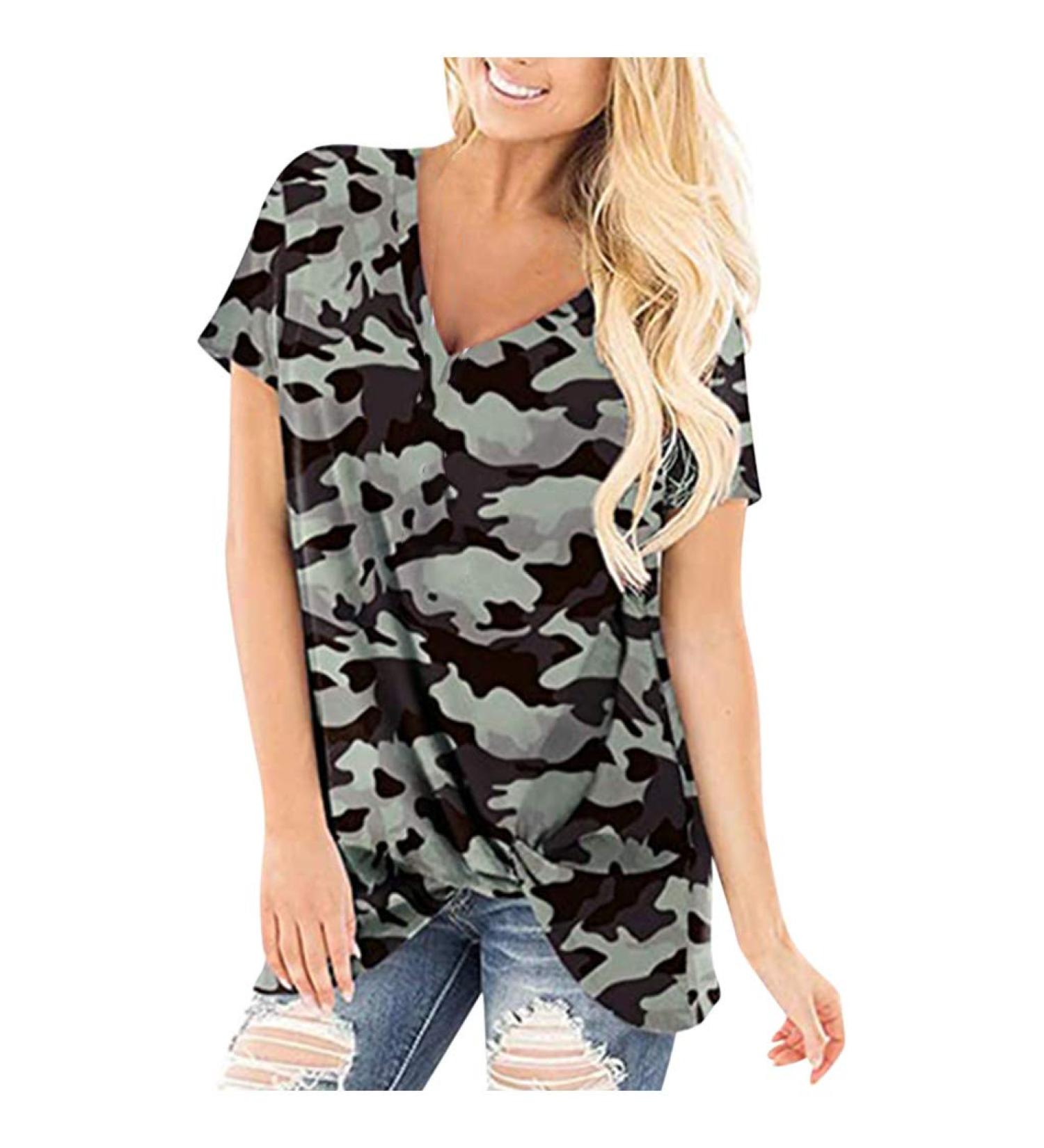 Evangelia.YM Women's V Neck Camouflage Tie-Dyed Floral Tunic Top - Short Sleeve Leisure Blouse - Buy Online on GoSupps.com