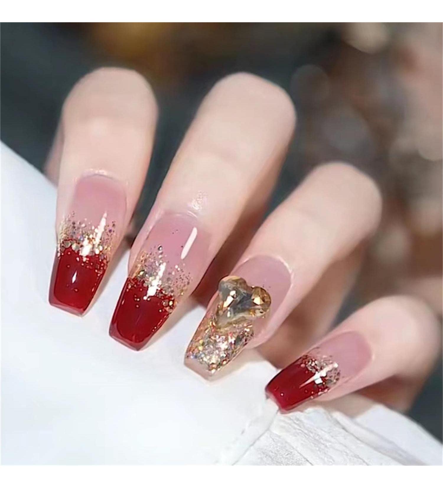 Press on Nails Trapezoid Fake Nails 24Pcs Shiny Red Gradient Pink False fingernail with Self-Adhesive Jelly Nail Glue Tabs Press On False Nails - Buy Online on GoSupps.com