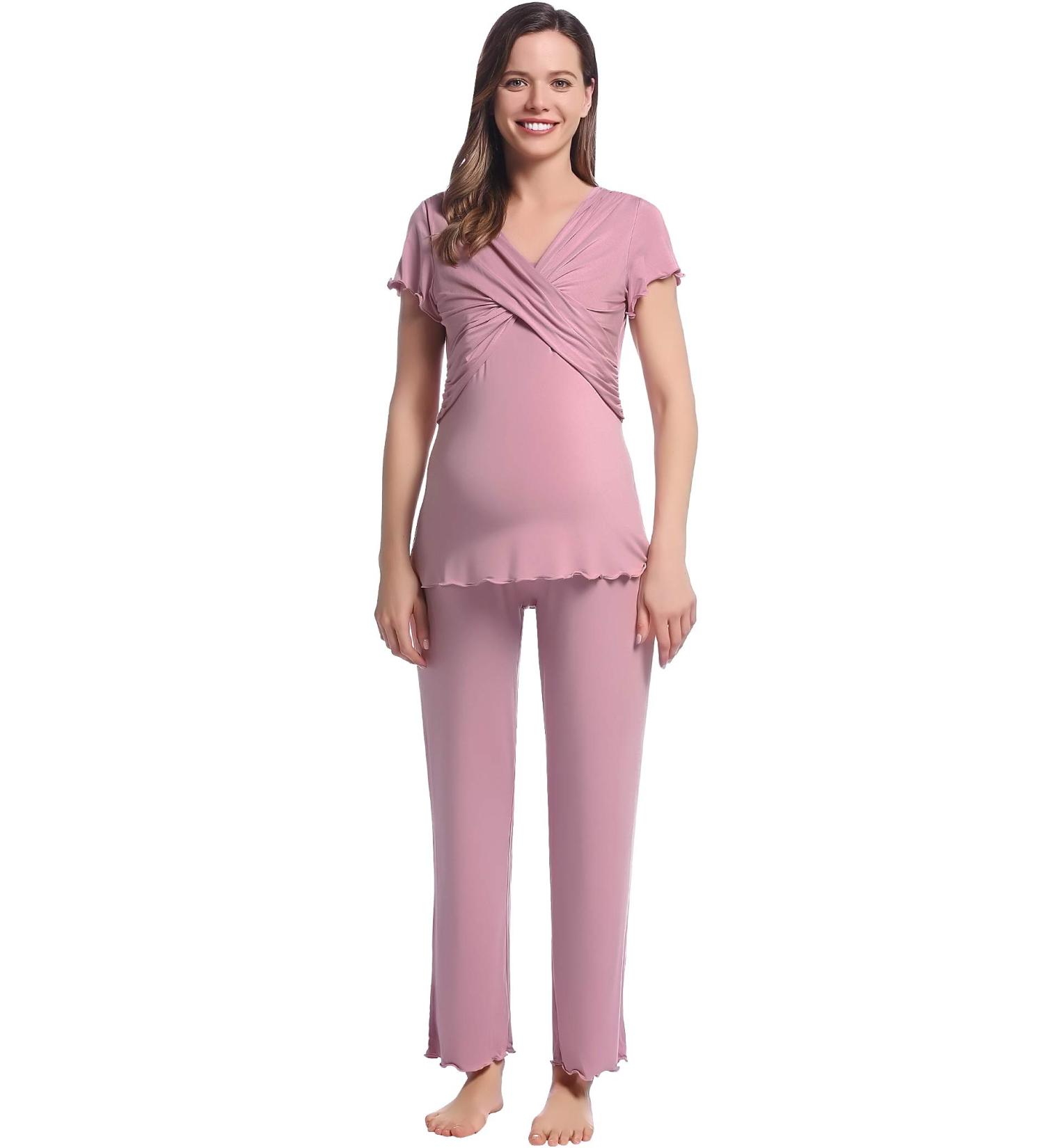 Women Maternity Pyjama Set XL Dusty Rose | Short Sleeve Tops & Long Pants | Summer Cool Moisture Wicking | Pregnancy to Postpartum Sleepwear - Buy Online on GoSupps.com