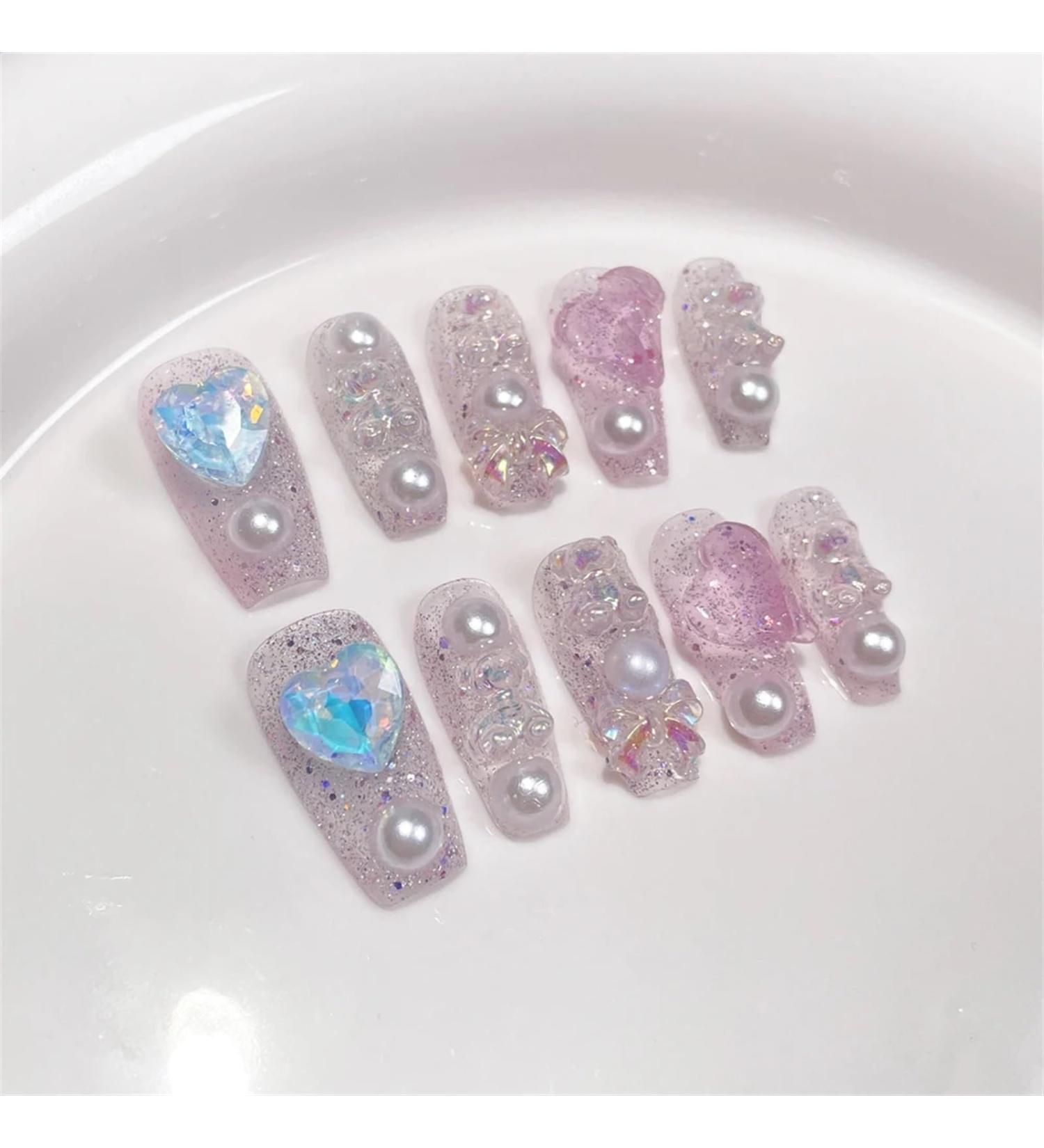 Nails Nail Tips Nails Set Handmade Nails Press On 3D Bear Aurora Diamond Pearl Decor Luxury Long Coffin Wearable Full Cover Nail Tips(JGXX S) - Buy Online on GoSupps.com