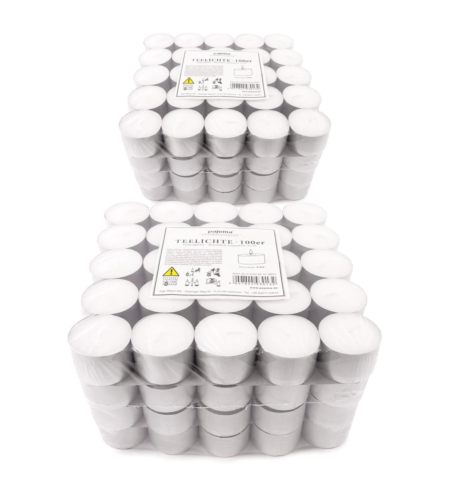pajoma Tea Lights 200 Pieces - Unscented White 8-Hour Burn Time | Perfect for Weddings Parties Catering and Outdoor Celebrations | 25x38mm 20g Wax - Buy Online on GoSupps.com