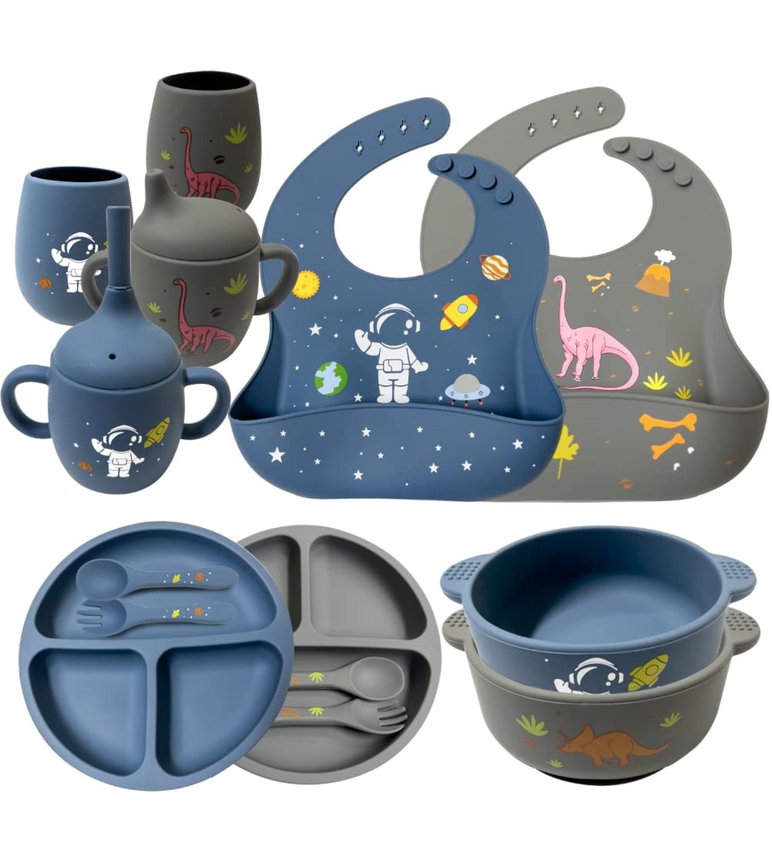 Soft Silicone Baby Feeding Set with Adjustable Bib, Suction Bowl, Plate, Straw Cup, and Utensils - Baby Led Weaning Supplies with Cute Patterns | Space & Dinosaur Design - Buy Online on GoSupps.com