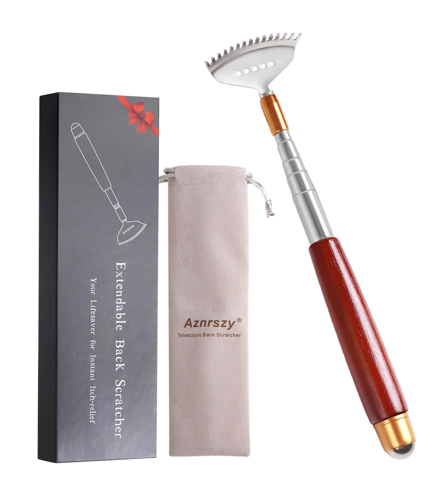 Premium Aznrszy Extendable Back Scratcher & Massage Roller - Stainless Steel Telescopic Rod 61cm Wooden Handle for Head Back & Full Body Relief - Buy Online on GoSupps.com