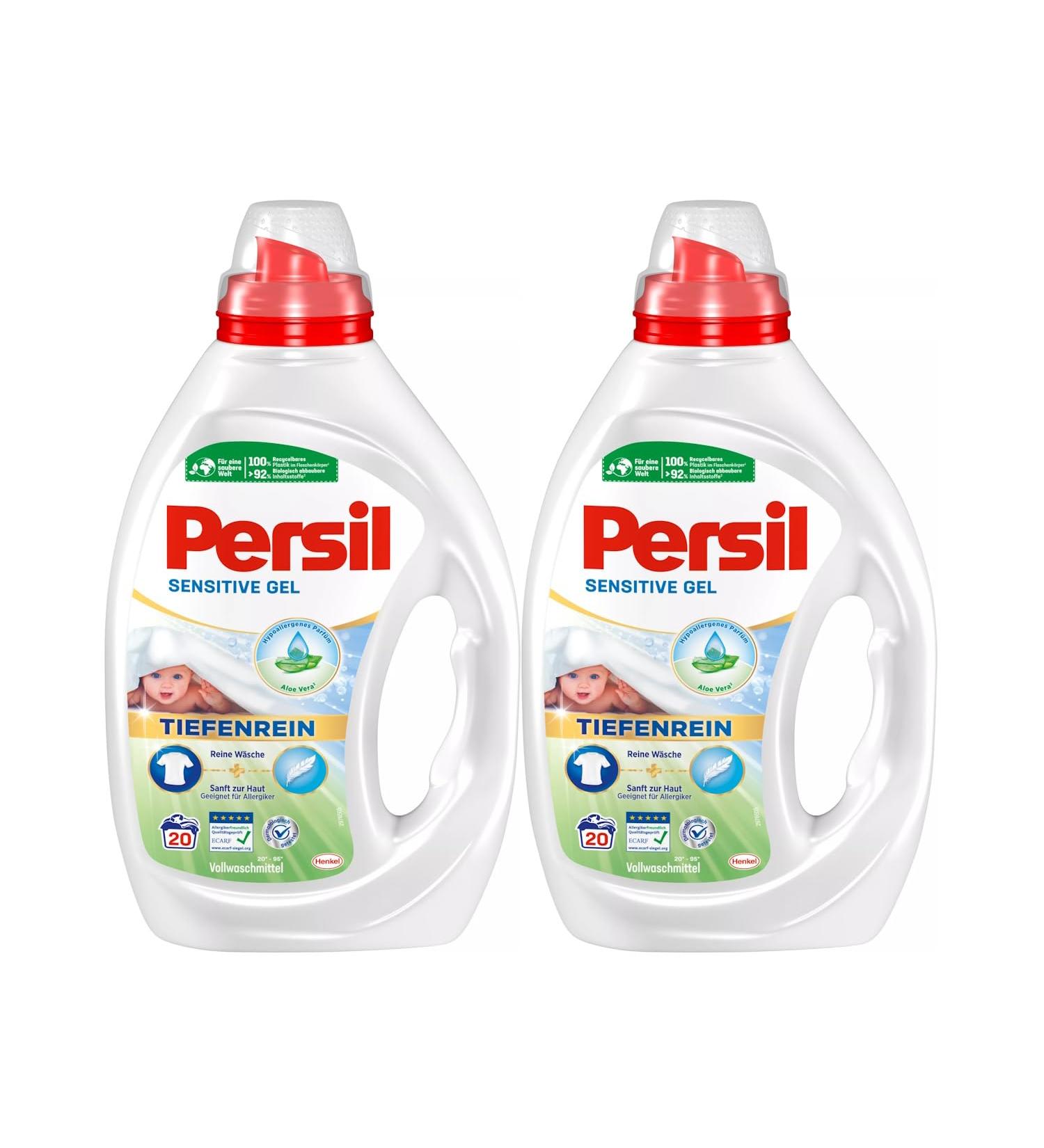 Persil Sensitive Gel 40 WL - Liquid Detergent for Allergy Sufferers & Babies | Soothing Aloe Vera | Effective from 20 C to 95 C | 900ml (2 Pack) - International Shipping Available - Buy Online on GoSupps.com
