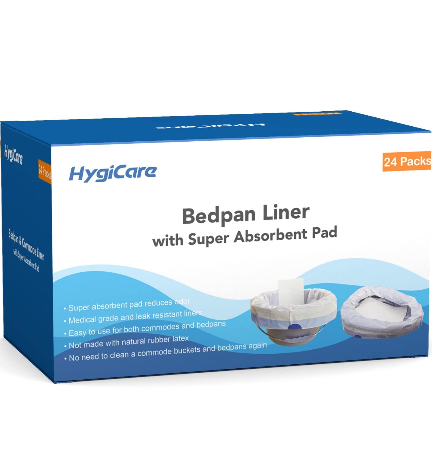 HygiCare Bedpan Liners with Super Absorbent Pads - 24 Count Universal Fit  Medical Grade Leakproof Liner for Bedpan and Bedside Commode  Toilet and Camping Waste Bag  Turn Liquids to Gel Reduce Odor - Buy Online on GoSupps.com