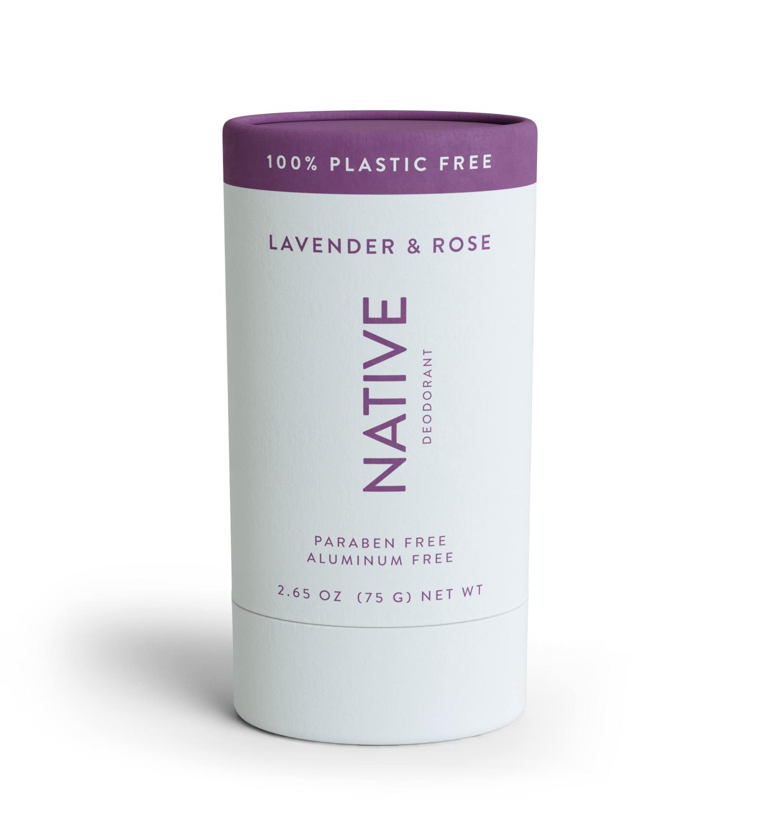 Native Plastic Free Deodorant | Natural Deodorant for Women and Men, Aluminum Free with Baking Soda, Probiotics, Coconut Oil and Shea Butter | Lavender & Rose