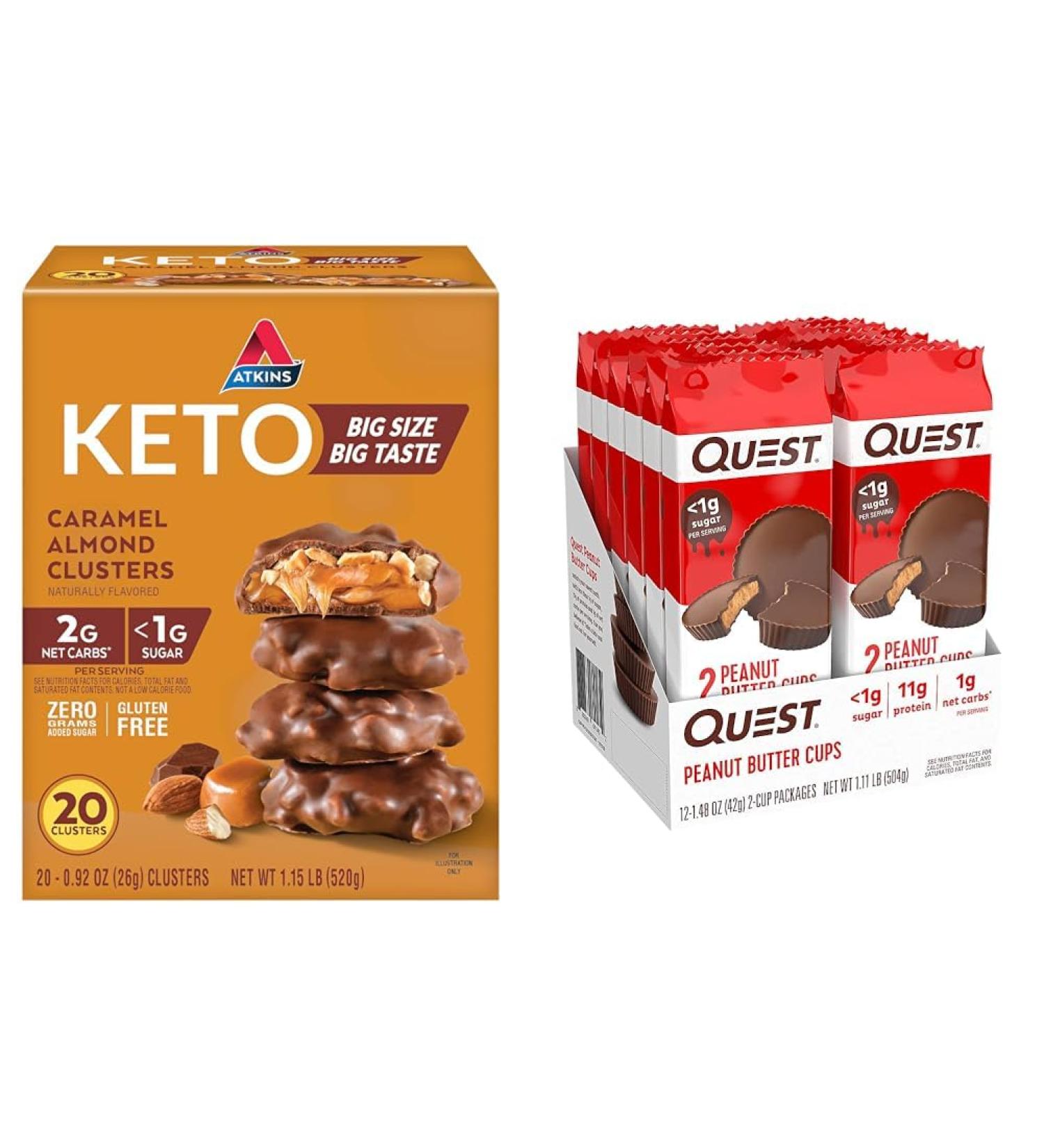 Atkins Caramel Almond Clusters Gluten Free High in Fiber & Quest Nutrition High Protein Low Carb Gluten Free Keto Friendly Peanut Butter Cups 12 Count (Pack of 1) (total- 17.76 Ounce) - Buy Online on GoSupps.com