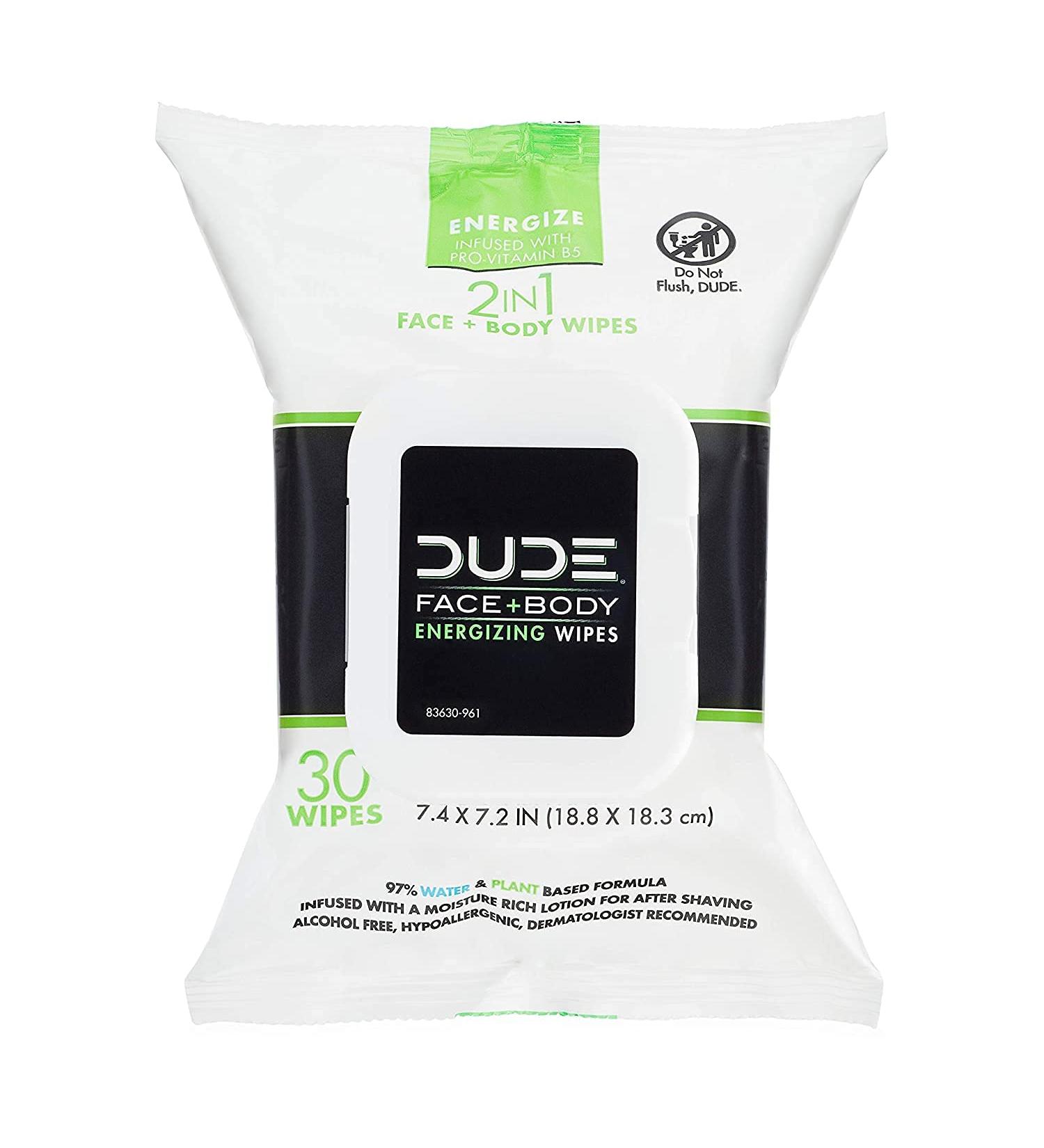 DUDE Face & Body Wipes 30 Count Energizing & Refreshing Scent Infused with Pro Vitamin B-5 Face Cleansing Cloths for Men Lightly Scented for Mid-Day Refreshment Hypoallergenic Alcohol Free
