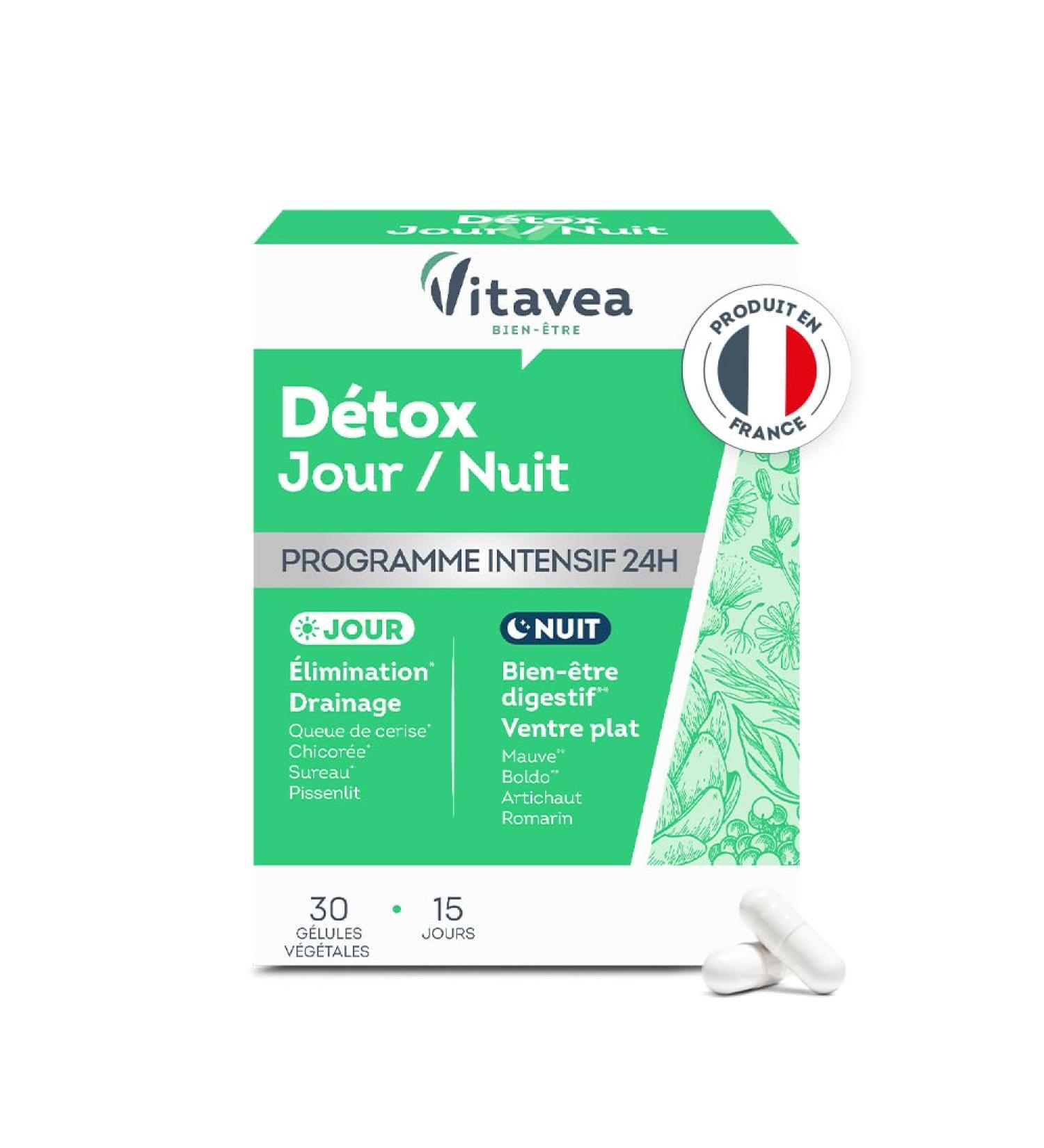 VITAVEA WELL-BEING - 24h Detox Food Supplement Day & Night - Elimination Digestion Drainage - Elderberry Chlorella Turmeric Birch Cherry Tail Artichoke - 28 tablets - Made in France - Buy Online on GoSupps.com