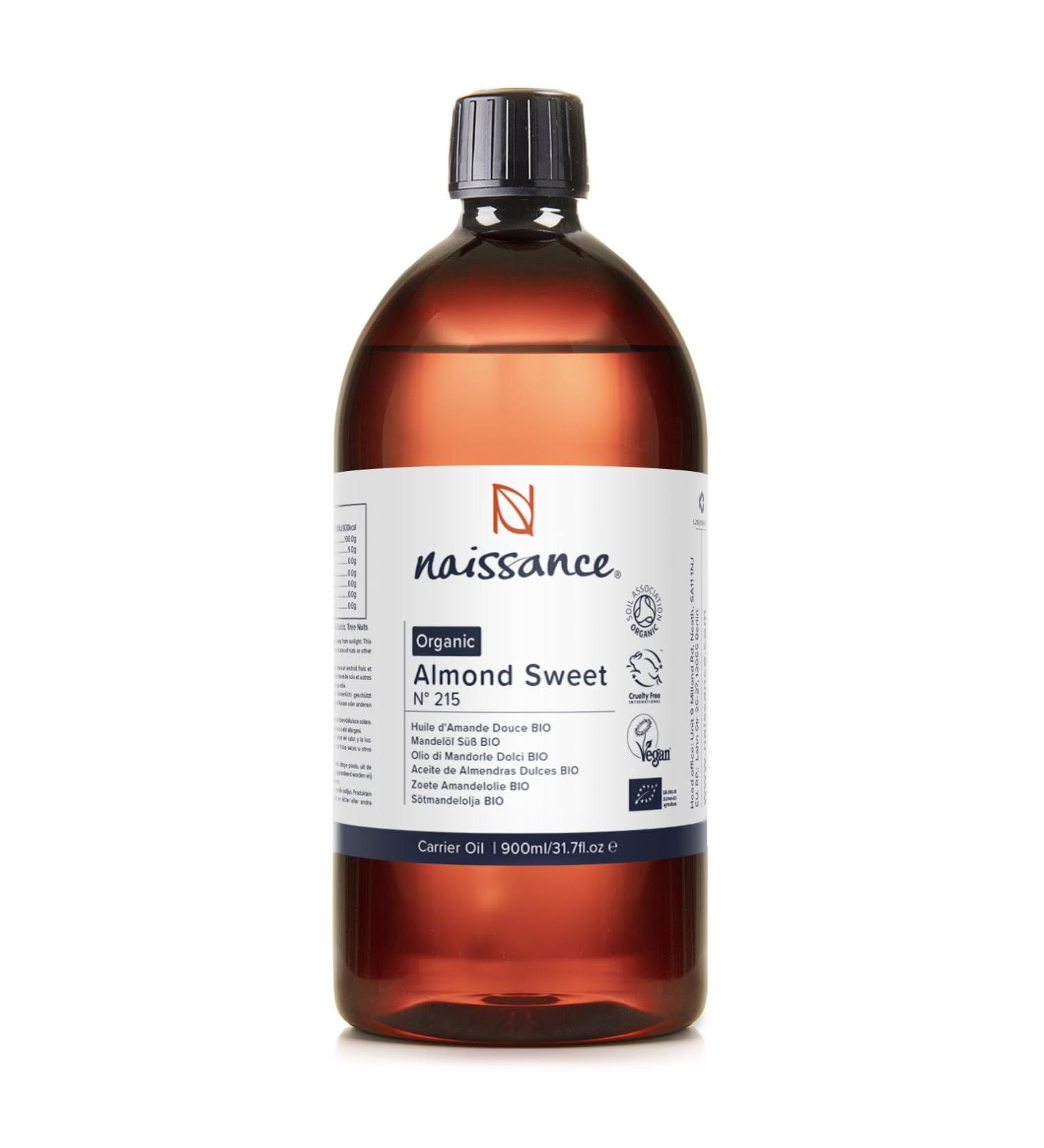 Naissance Certified Organic Sweet Almond Oil (no. 215) 900ml for Skin Hair Massage Nails Ears Face Body Stretch Marks - Natural Skin Care Cold Pressed Unrefined Carrier Oil Aromatherapy Odourless 900 ml (Pack of 1) - Buy Online on GoSupps.com