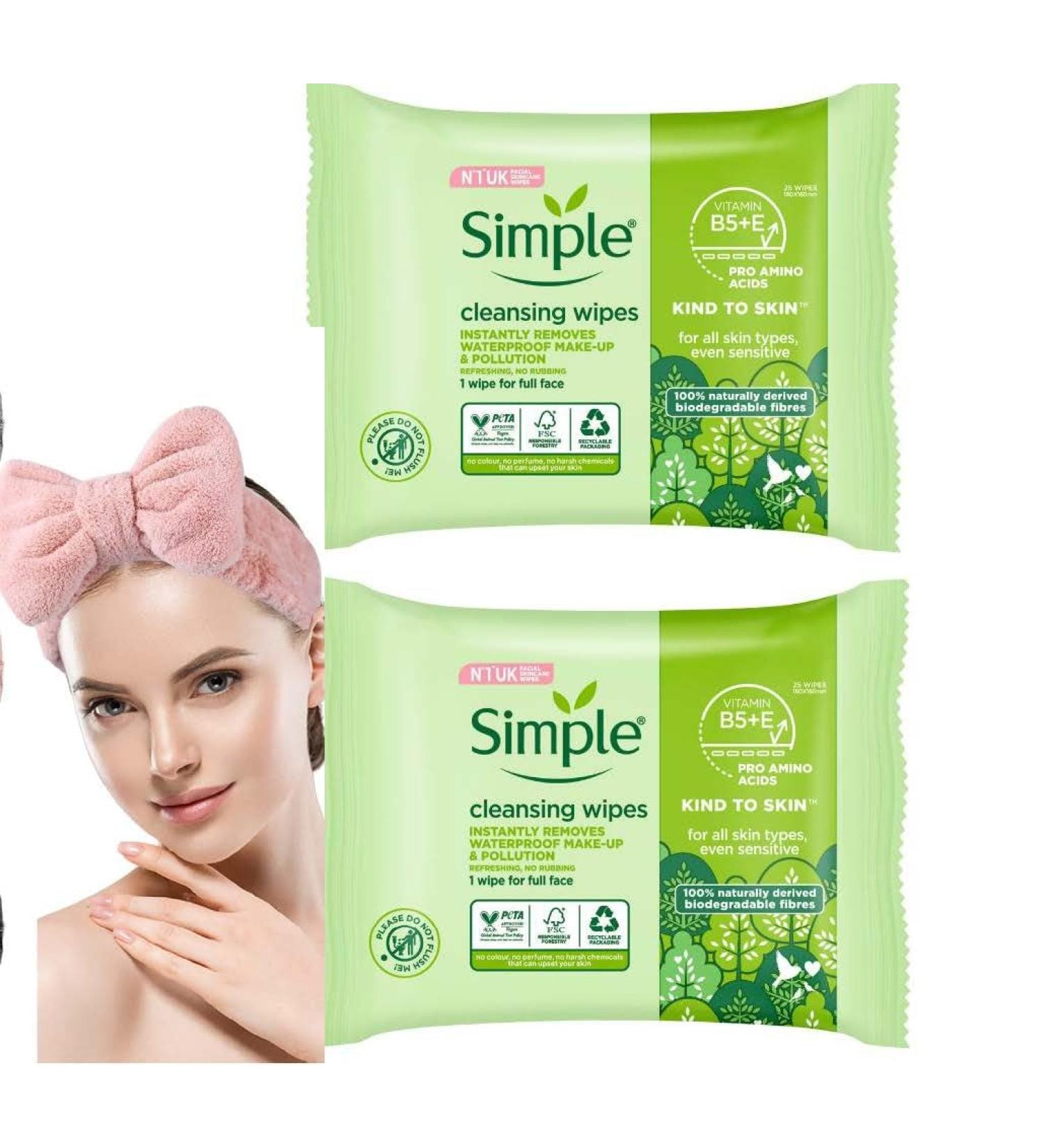 Simple Kind to Skin Facial Wipes Gentle and Effective Makeup Remover Cleansing 2 Pack + Face Wash Headband