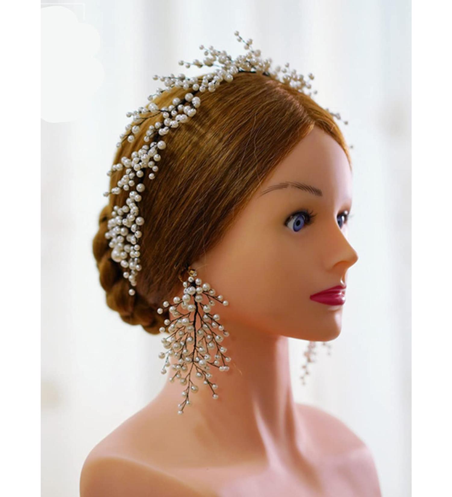 JWICOS Pearl Bridal Hair Accessories Set for Wedding Party - Headband, Earrings & Hair Vine - Buy Online on GoSupps.com