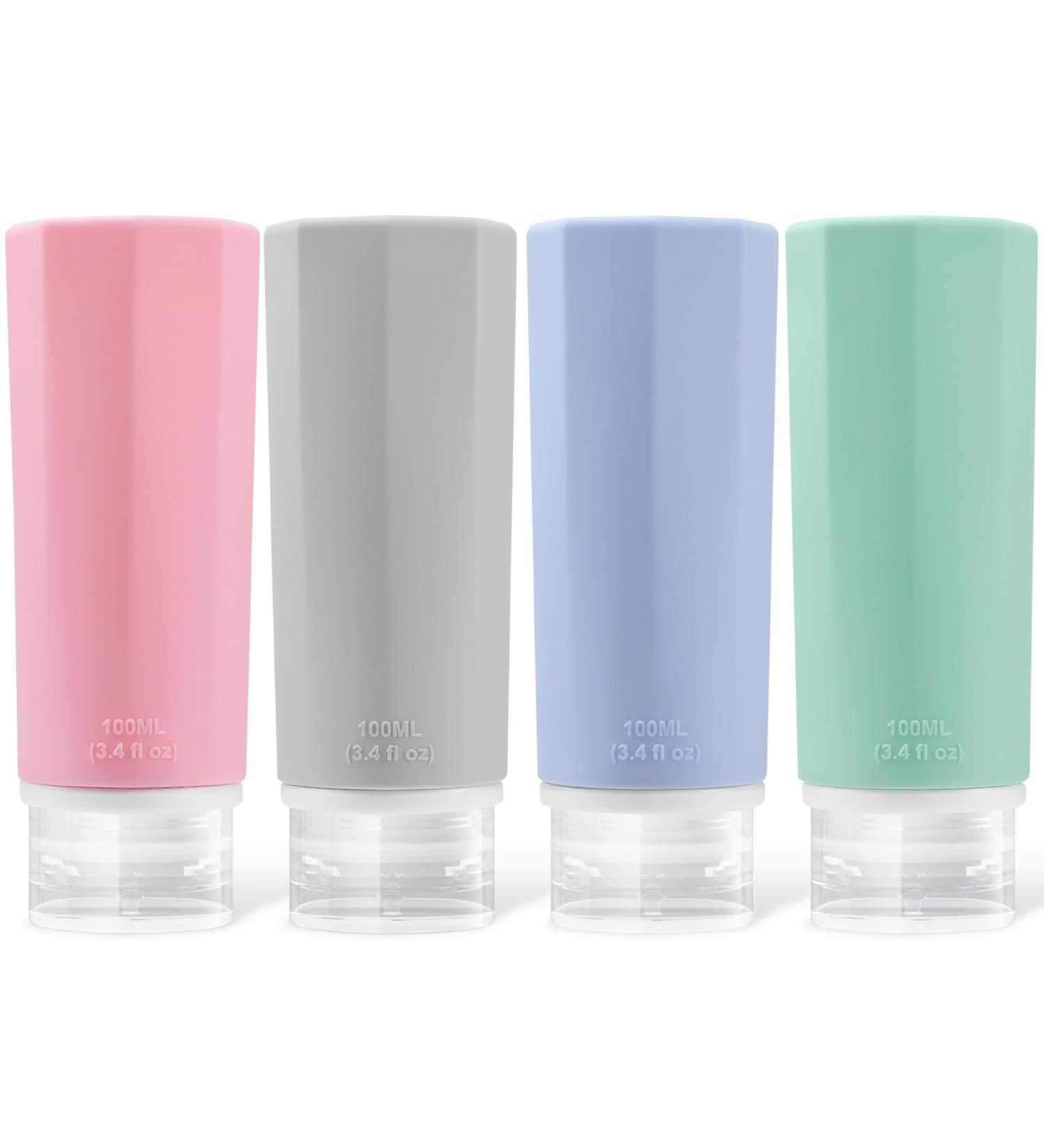 OPRET 4-Piece Silicone Travel Bottles Set | 100ml Leak-Proof Refillable Containers for Cosmetics & Shampoo - Travel Size Kit in Blue Green Pink & Gray - Buy Online on GoSupps.com