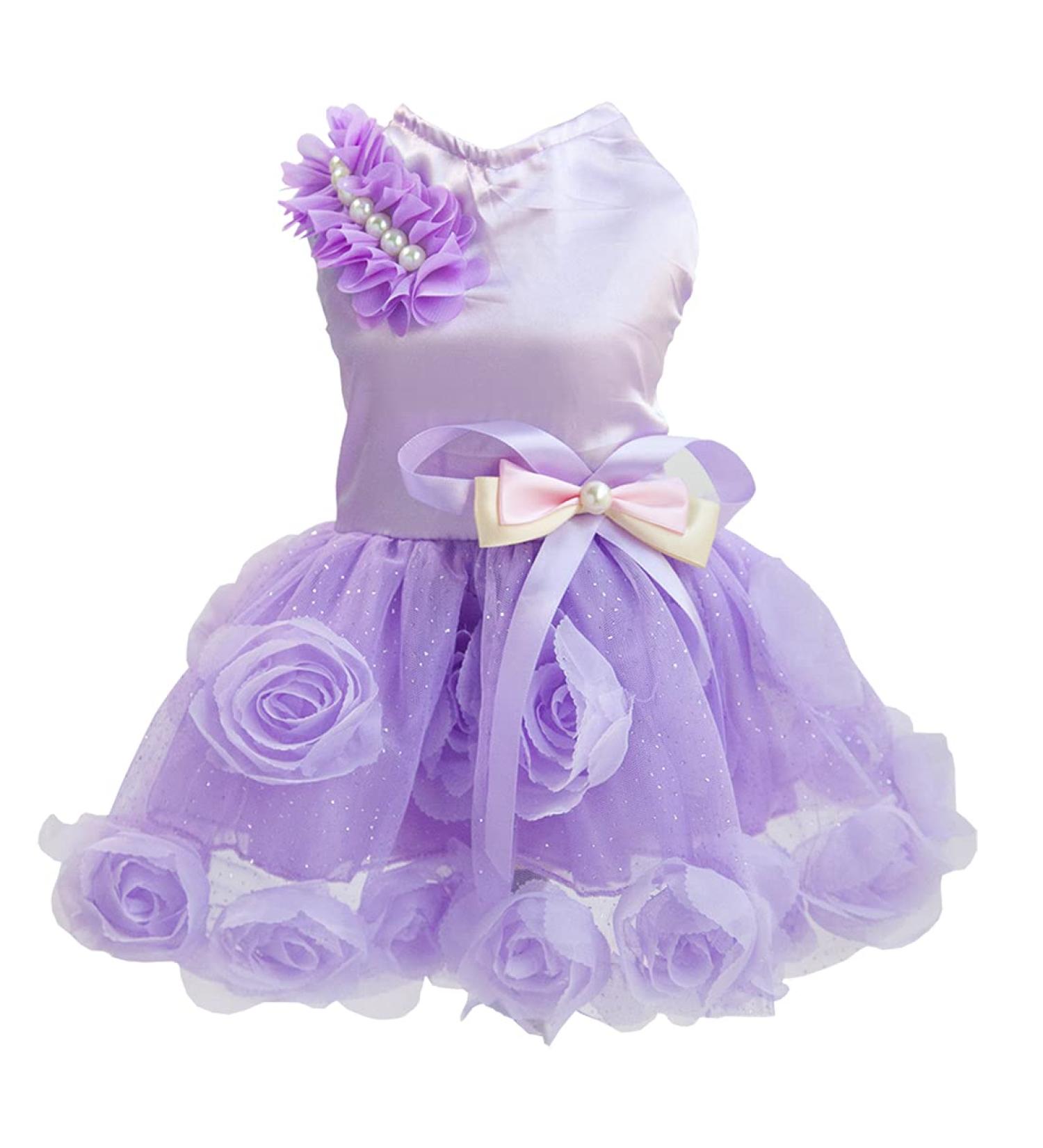 Luxury Dog Dress - Puppy Skirt Princess Clothes Evening Tutu & Floral Bowknot for Small Dogs - Purple Rose Pet Fashion - Buy Online on GoSupps.com