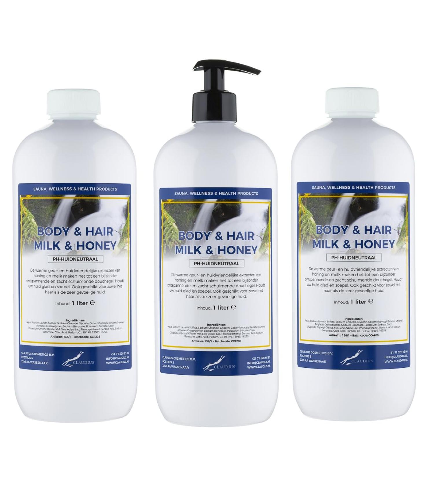 Claudius Body & Hair Milk & Honey 3 x 1 liter met gratis pomp