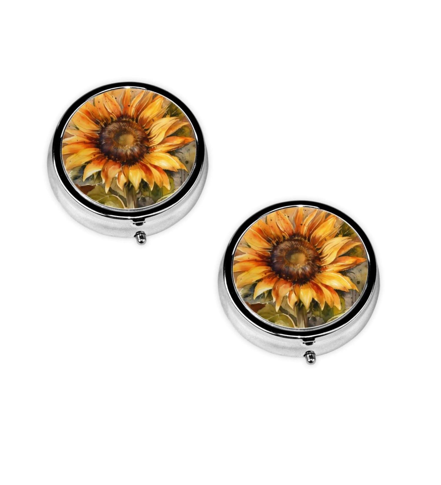 Sunflower Pattern Mini Round Pill Box - 3 Compartment Travel Organizer for Home & Office - Buy Online on GoSupps.com
