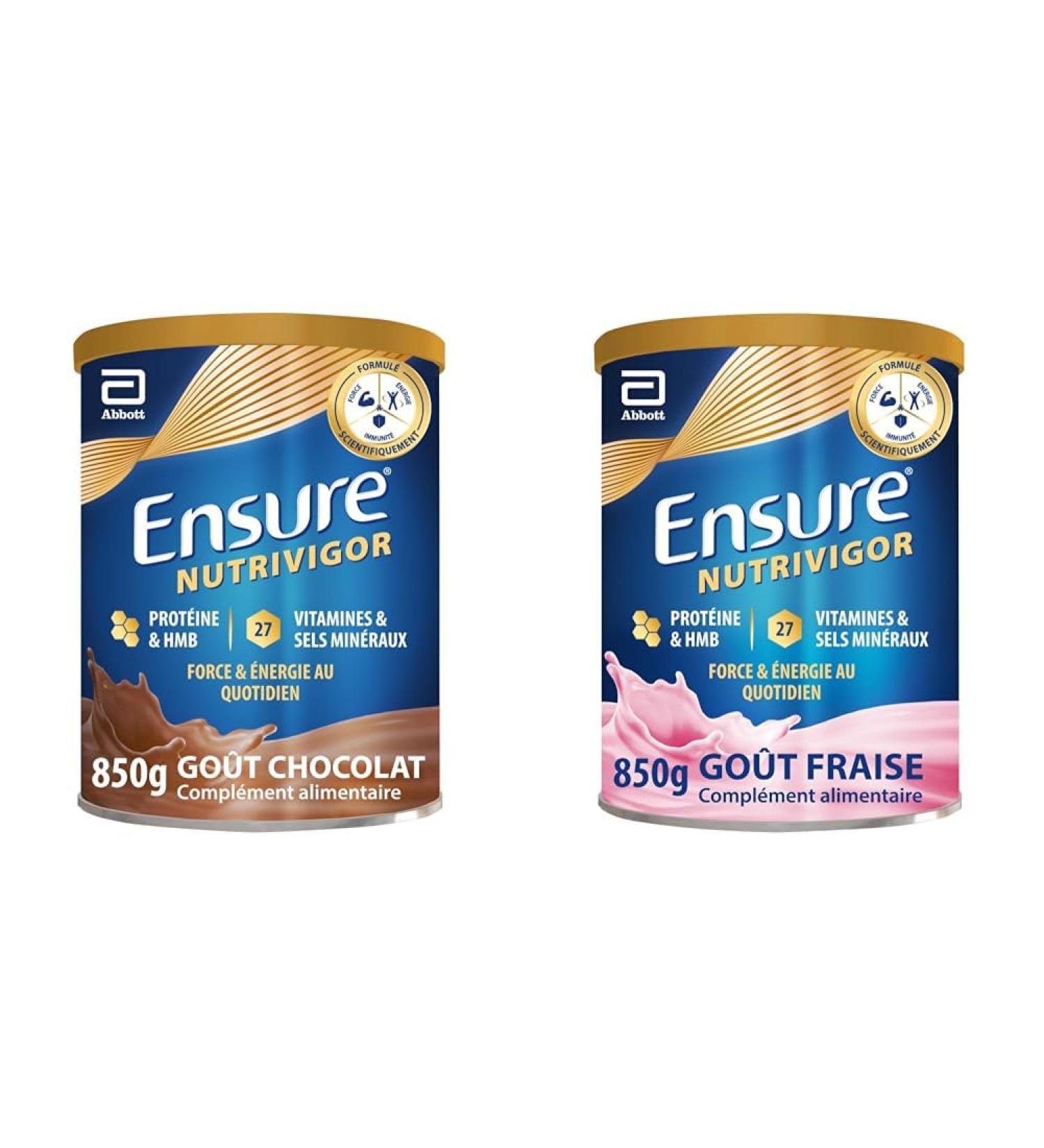 Ensure NutriVigor Chocolat & Fraise 850g - Compl ment alimentaire avec prot ines 27 vitamines et min raux et HMB - Pour une alimentation saine et quilibr e - 1x Chocolat 850g + 1x Fraise 850g - Buy Online on GoSupps.com