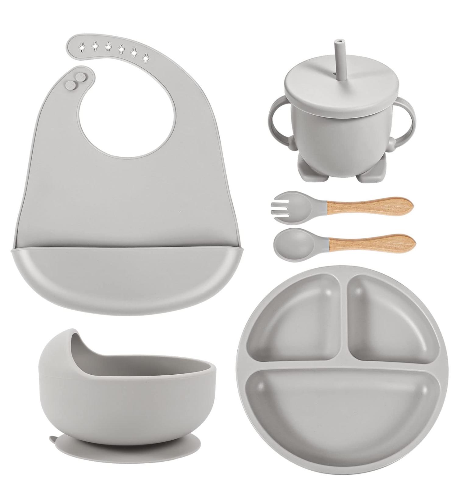 Silicone Baby Weaning Set 6 Pcs - Adjustable Bib, Divided Plate, Suction Bowl, Cup, Fork & Spoon - Grey - Ideal for Babies, Toddlers & Kids - Buy Online on GoSupps.com