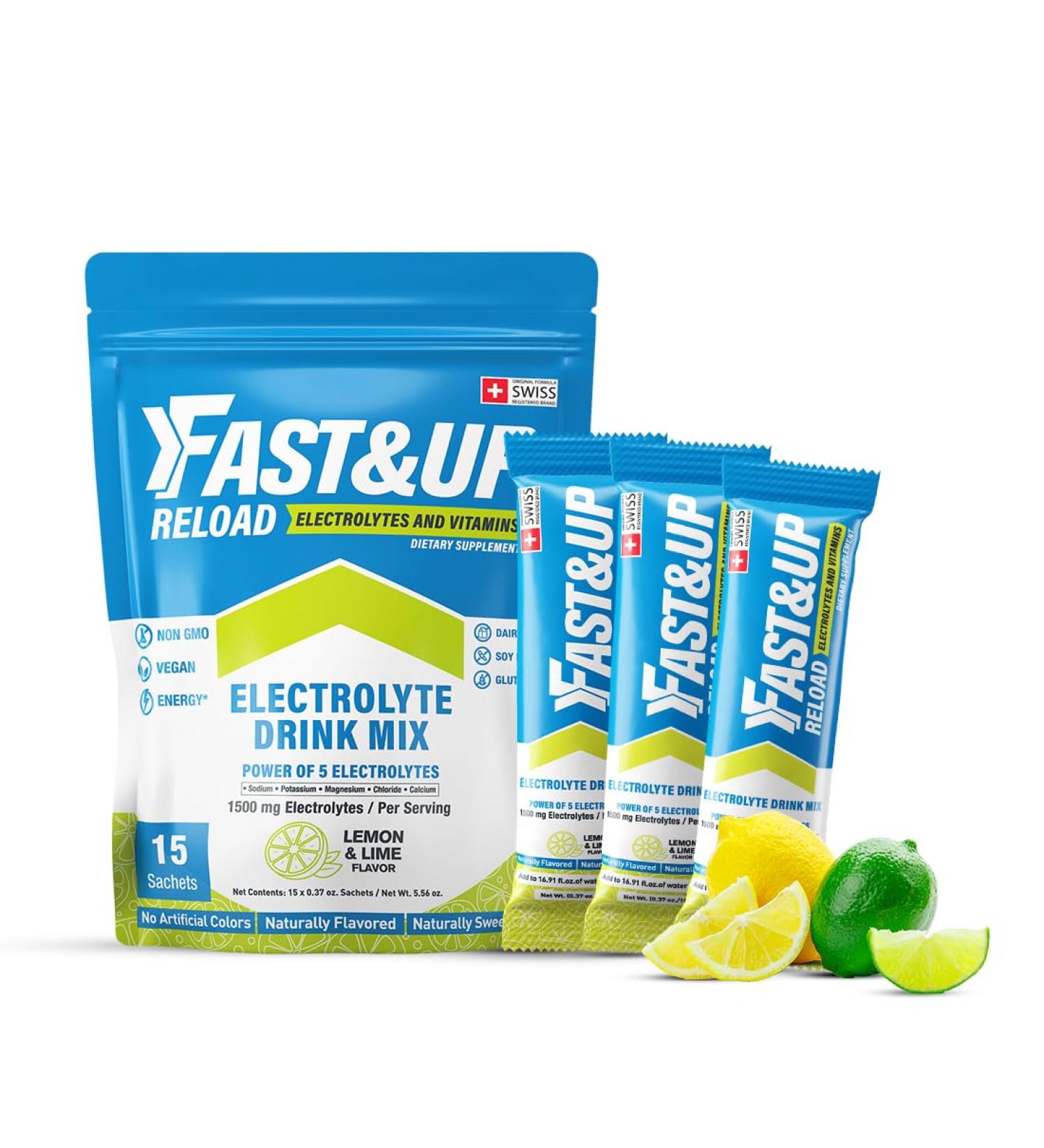 FAST&UP Reload Lemon & Lime | Electrolyte Drink Mix | 1500 mg Electrolytes + Vitamins C & B12 | Hydration Powder Packets | 15 Easy Open Single Servings - Buy Online on GoSupps.com