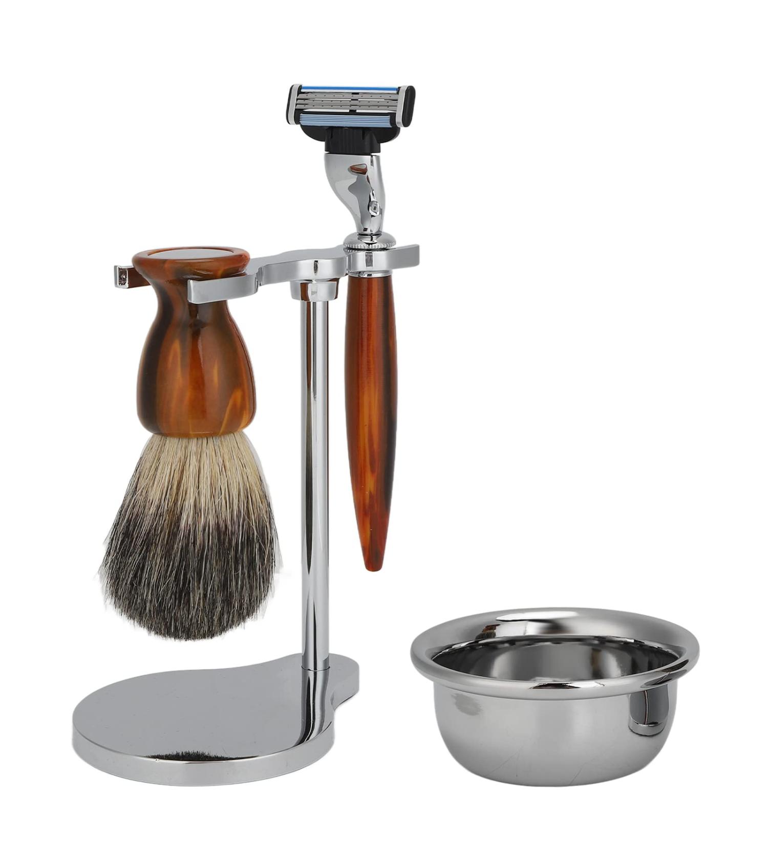 Premium 4-Piece Shaving Set for Men - Manual Razor Stainless Steel Stand Brush & Bowl - International Shipping Available - Buy Online on GoSupps.com