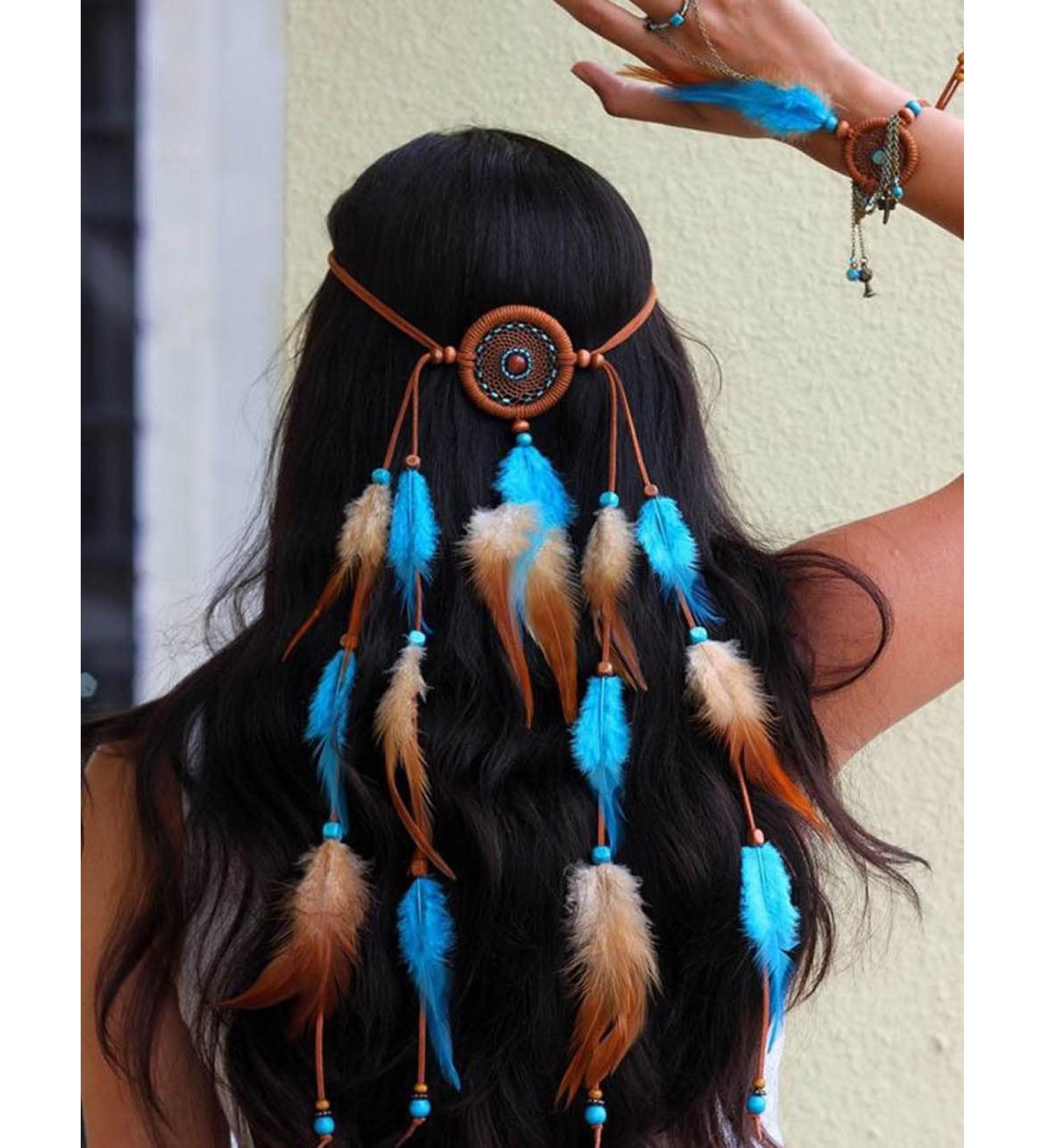 Bohemian Dreamcatcher Feather Headband with Blue and Brown Tassel - Women's Gypsy Headpiece - Buy Online on GoSupps.com