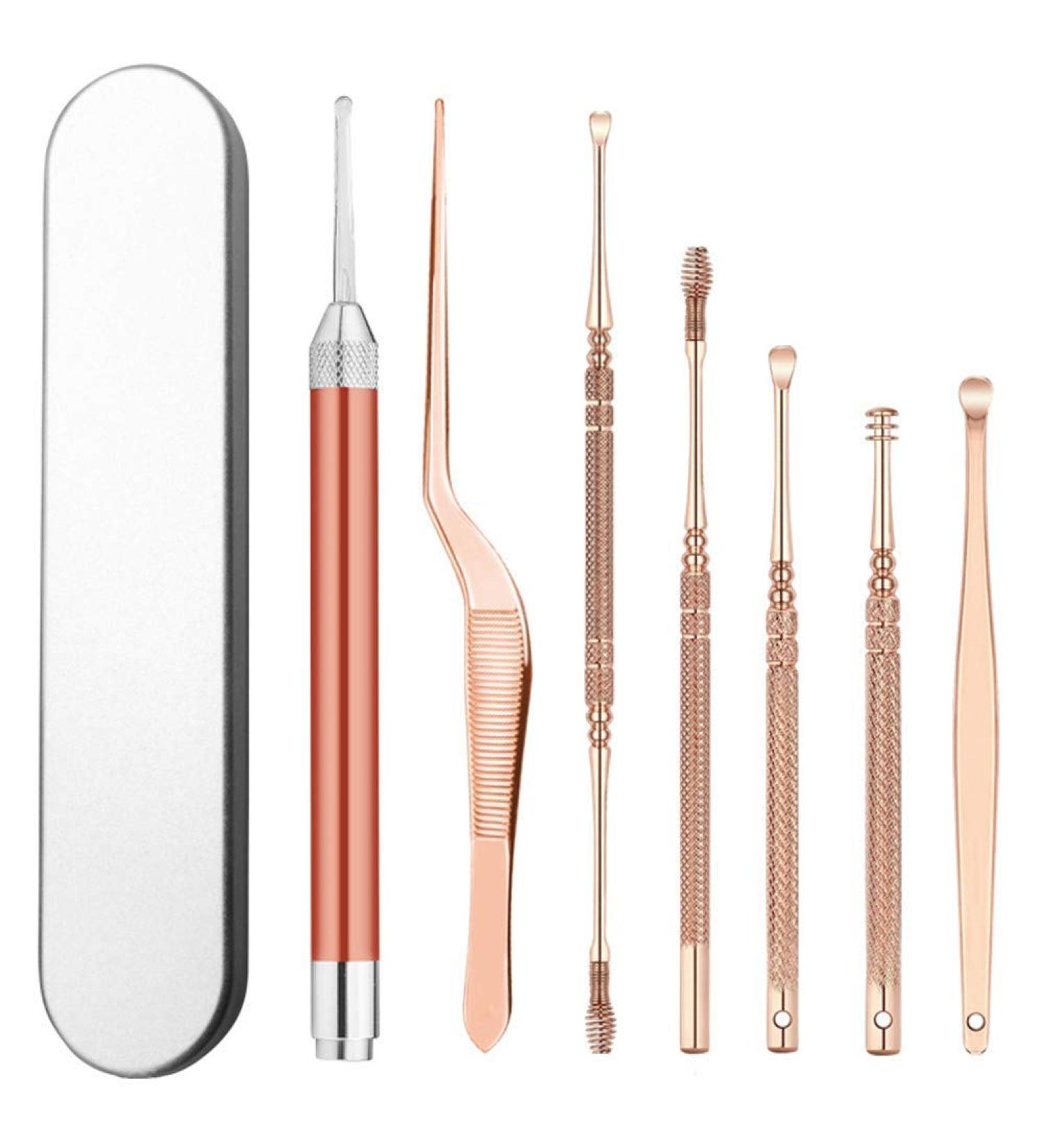 Earwax Removal Kit LED Light Ear Curette Tools Stainless Steel Ear Cleaner for Children and Adults Tweezer Earpick Exfoliator Cleansing Tools Set with Storage Box Rose Gold 8 Pcs (rose gold) - Buy Online on GoSupps.com