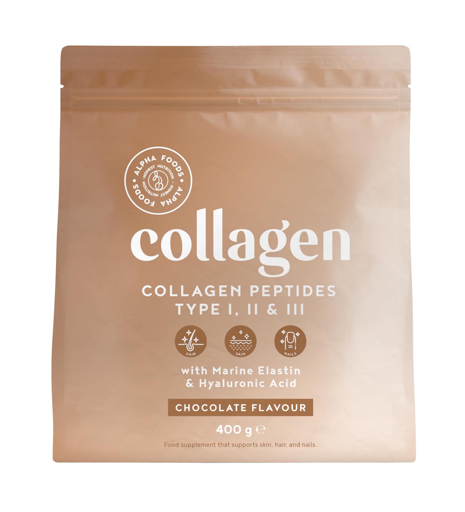 Alpha Foods Collagen Powder 400g - Type I II & III Hydrolysate Peptides with Hyaluronic Acid & Elastin - Delicious Chocolate Flavor - Premium Quality from Germany - Buy Online on GoSupps.com