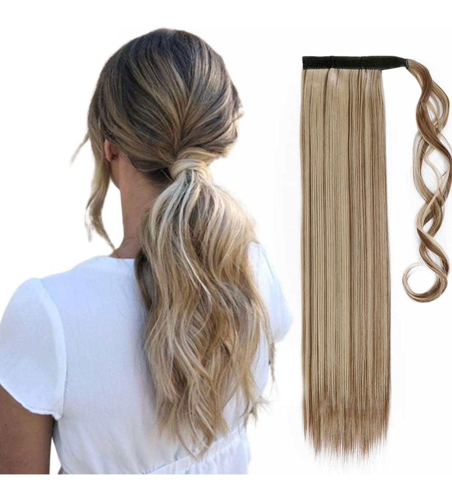 23" Long Straight Wrap Around Ponytail Clip in Hair Extensions One Piece Hairpiece Magic Tape in Pony Tail Extension for Women Light Brown & Ash Blonde - Buy Online on GoSupps.com