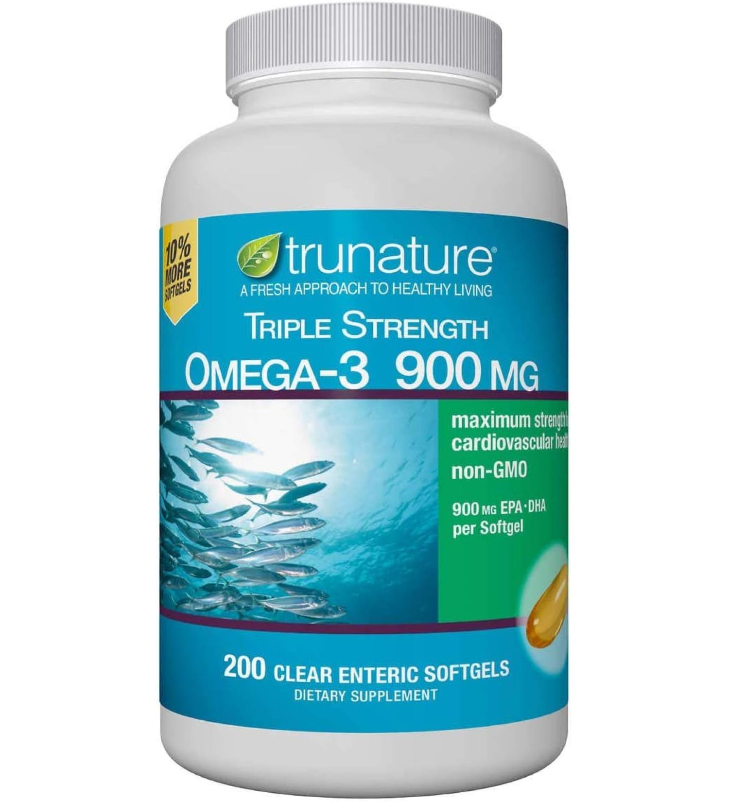Non GMO Triple Strength Omega-3 900 mg. Total Fish Oil Concentrate 1425 mg - 200 Clear Enteric Softgels